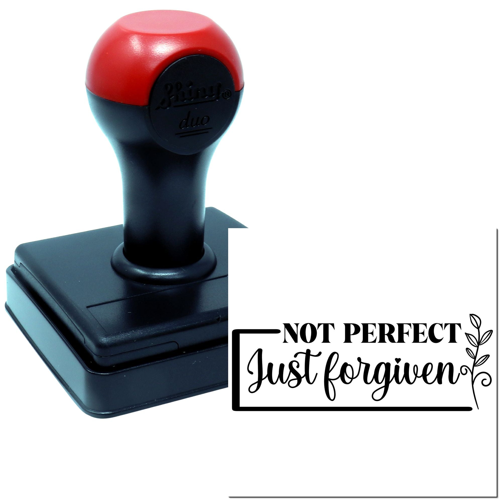 Self-inking rubber stamp with Not Perfect, Just Forgiven inspirational faith message for paper crafting and church use.