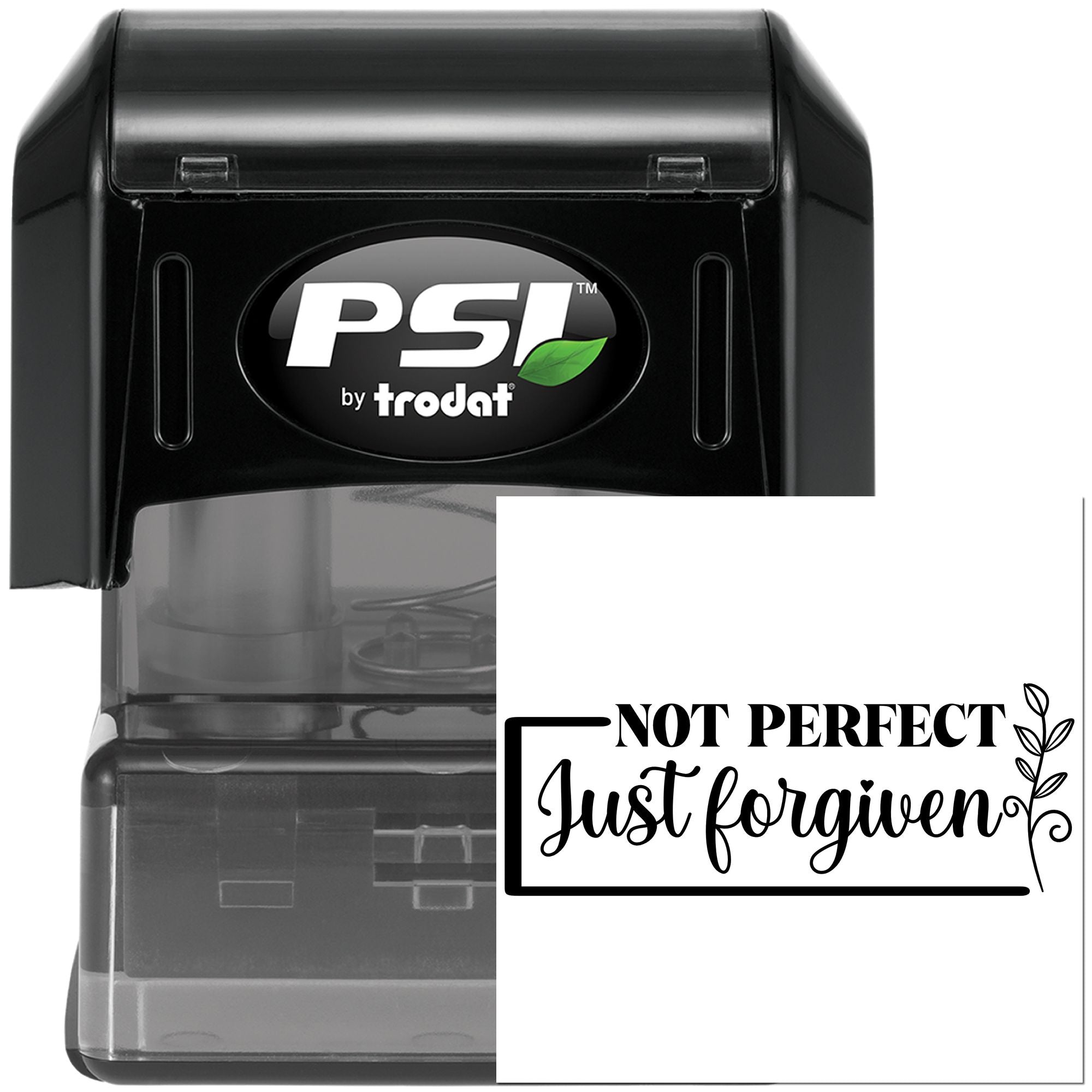 Self-inking rubber stamp with Not Perfect, Just Forgiven message for faith-based cards, crafts, and church use.