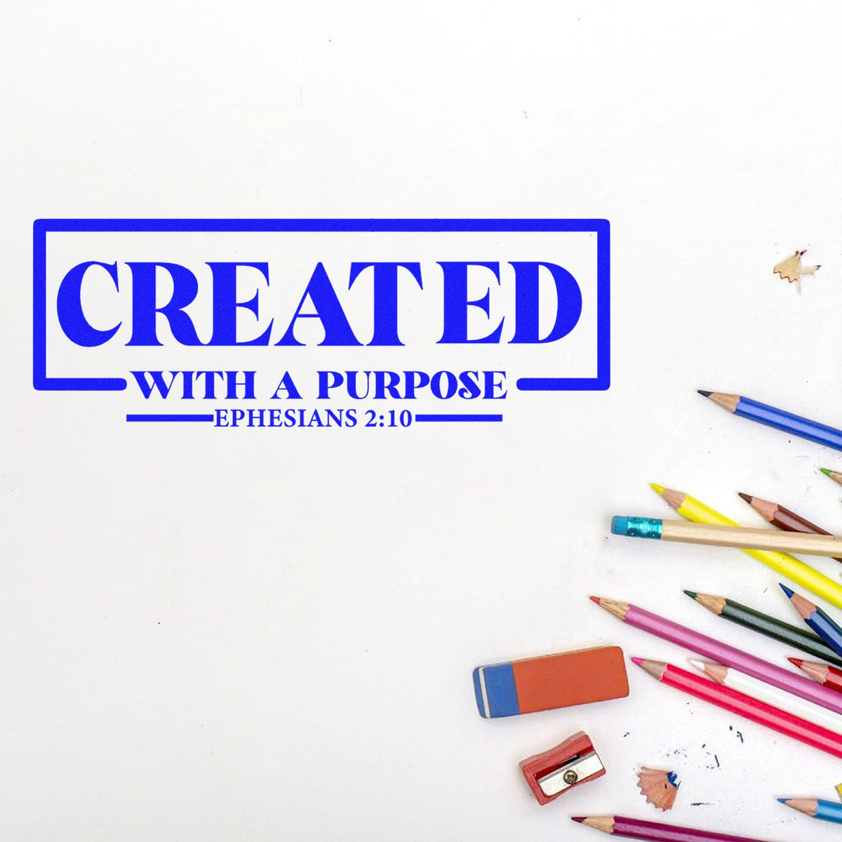 Created with a Purpose Box rubber stamp shown in blue ink, stamped for projects such as scholarship gifts.