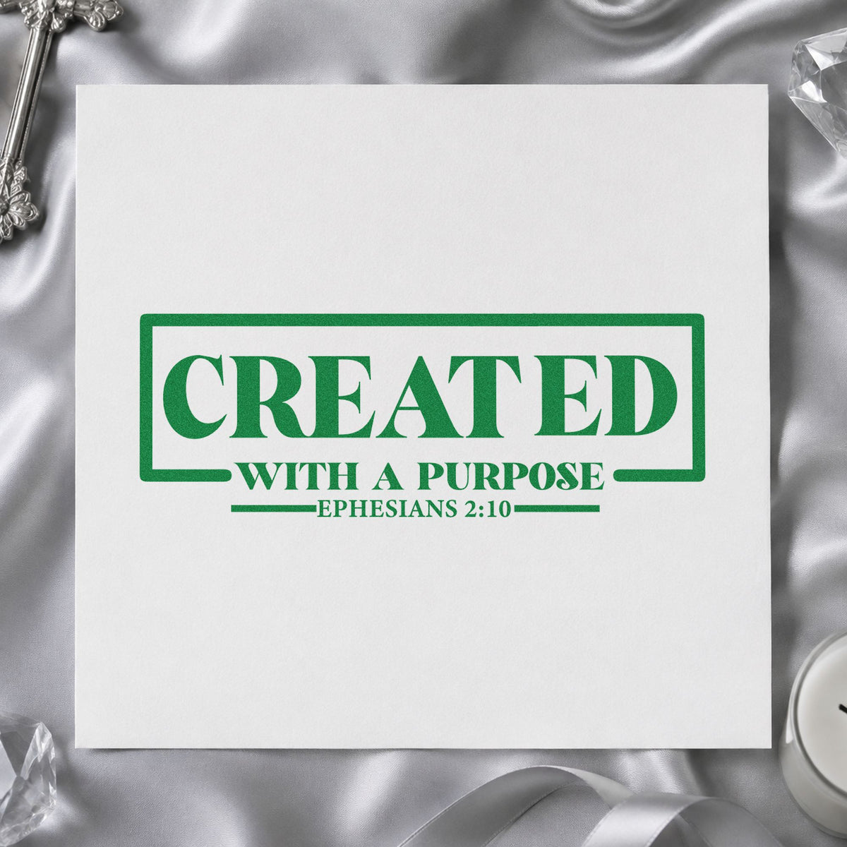 Created with a Purpose Box craft stamp imprint in green ink on a handmade project, one idea being framed bedroom art.