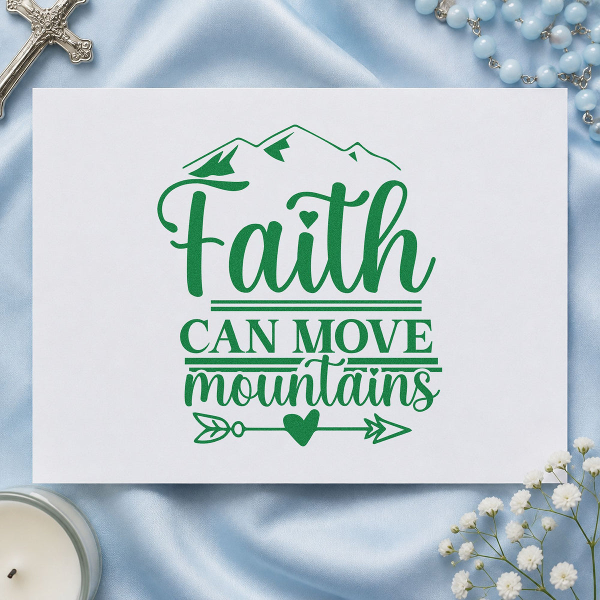 Faith Moves Mountains Heart Arrow craft stamp imprint in green ink on a handmade project, one idea being framed cabin art.