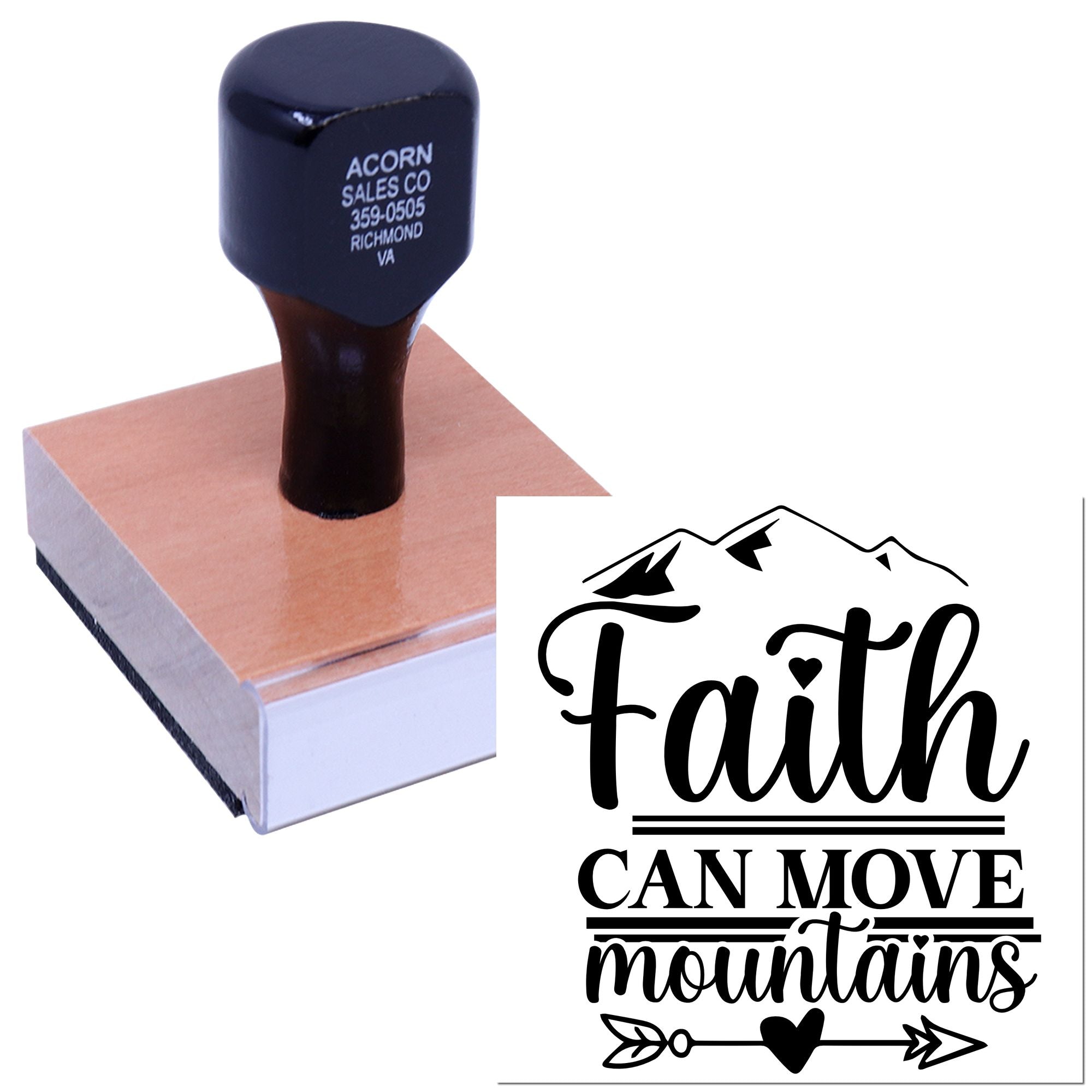 Faith Can Move Mountains rubber stamp with mountain graphic, ideal for inspirational crafts and faith-based projects.