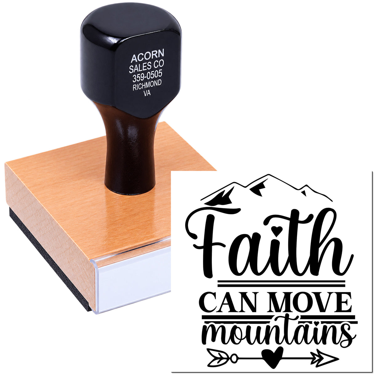 Faith Can Move Mountains rubber stamp with mountain graphic, ideal for inspirational crafts and faith-based projects.