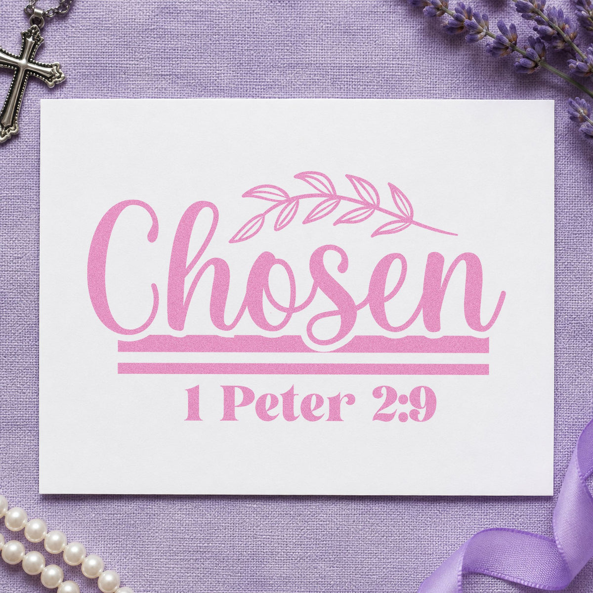 Chosen Leaf Script craft stamp in purple ink on cardstock, an easy option for adoption day gifts.