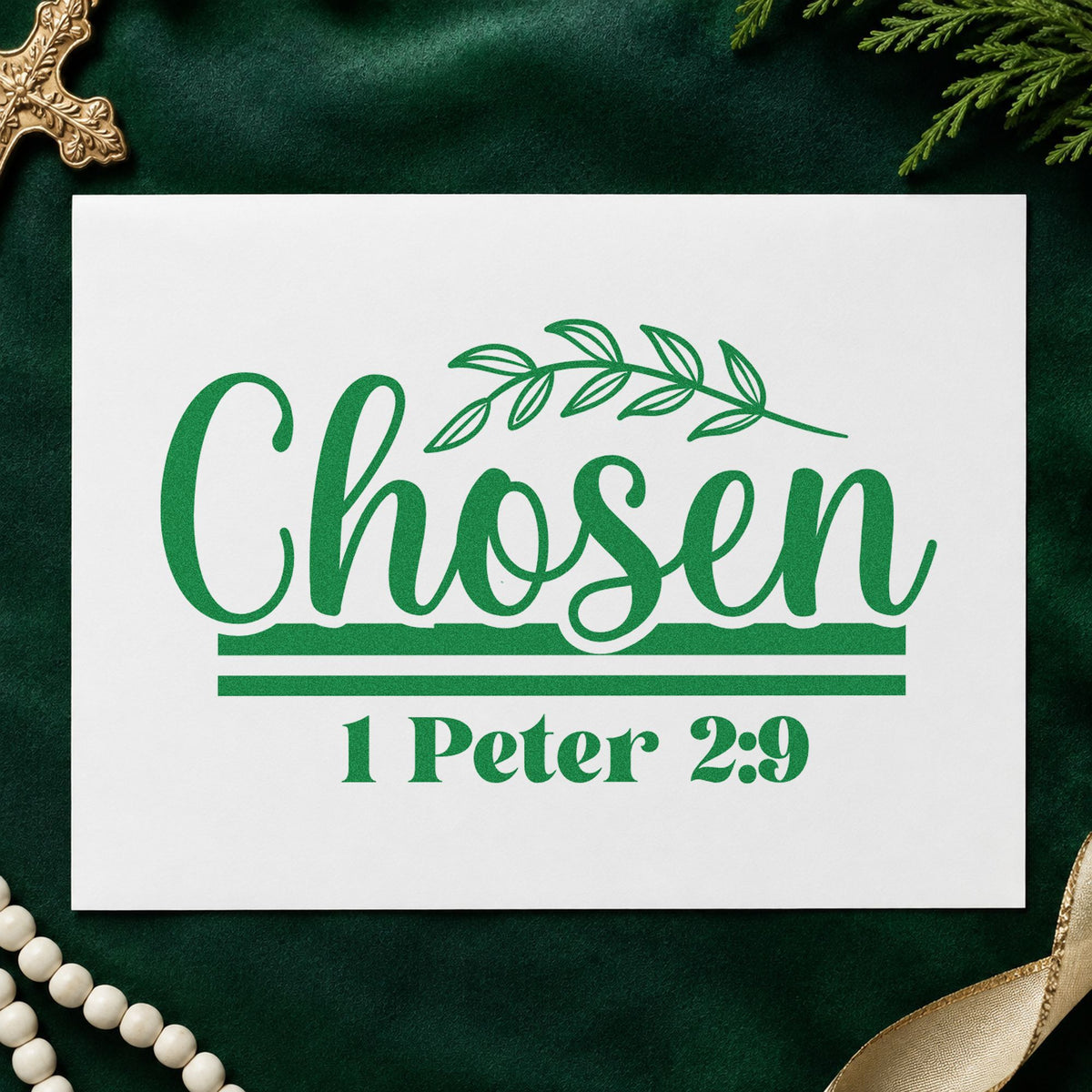 Chosen Leaf Script craft stamp imprint in green ink on a handmade project, one idea being foster family welcomes.