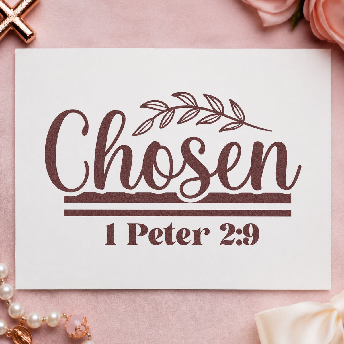 Chosen Leaf Script rubber stamp printed in brown ink, ready for gotcha day pages and similar paper crafts.