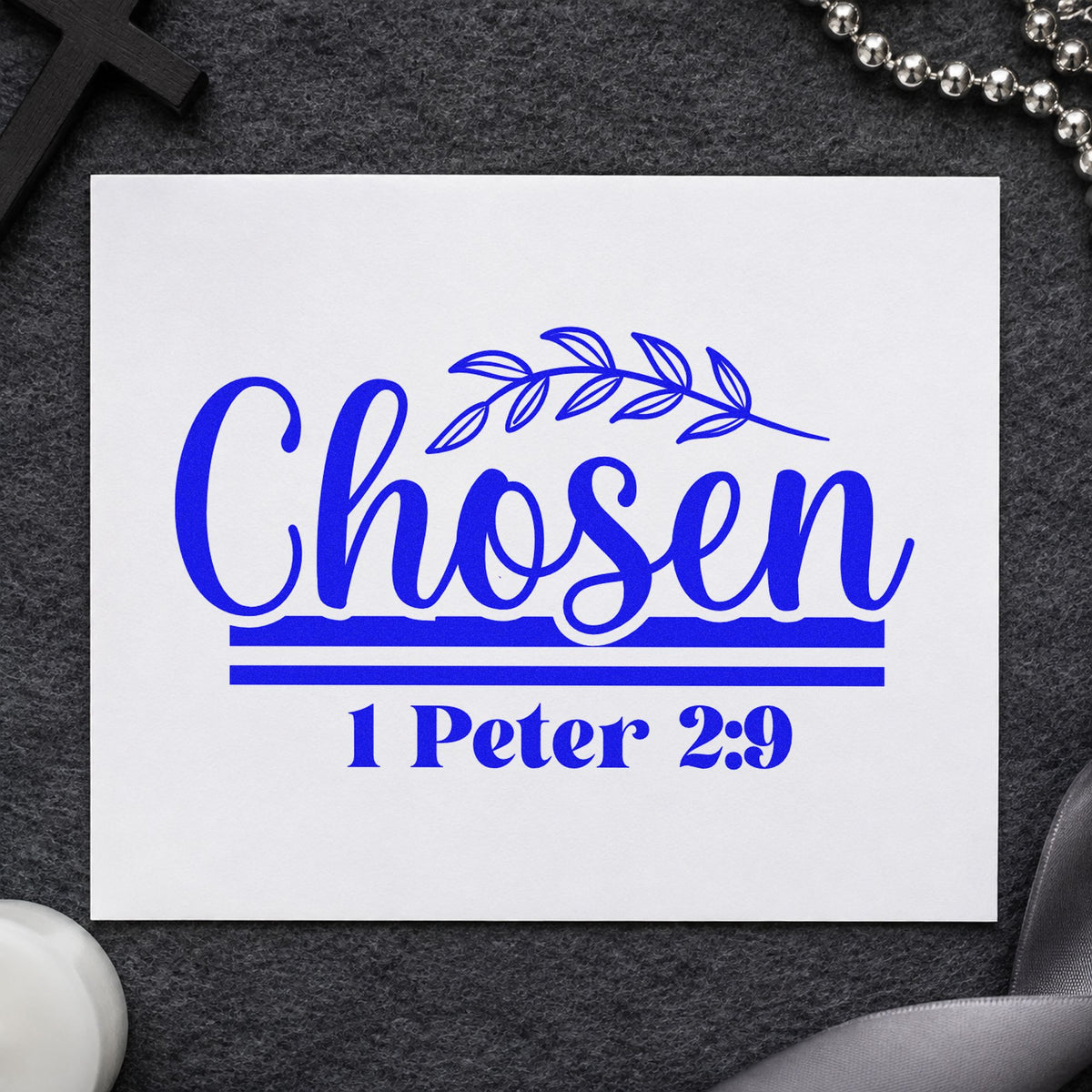 Chosen Leaf Script craft stamp in blue ink on cardstock, an easy option for onesie stamping.