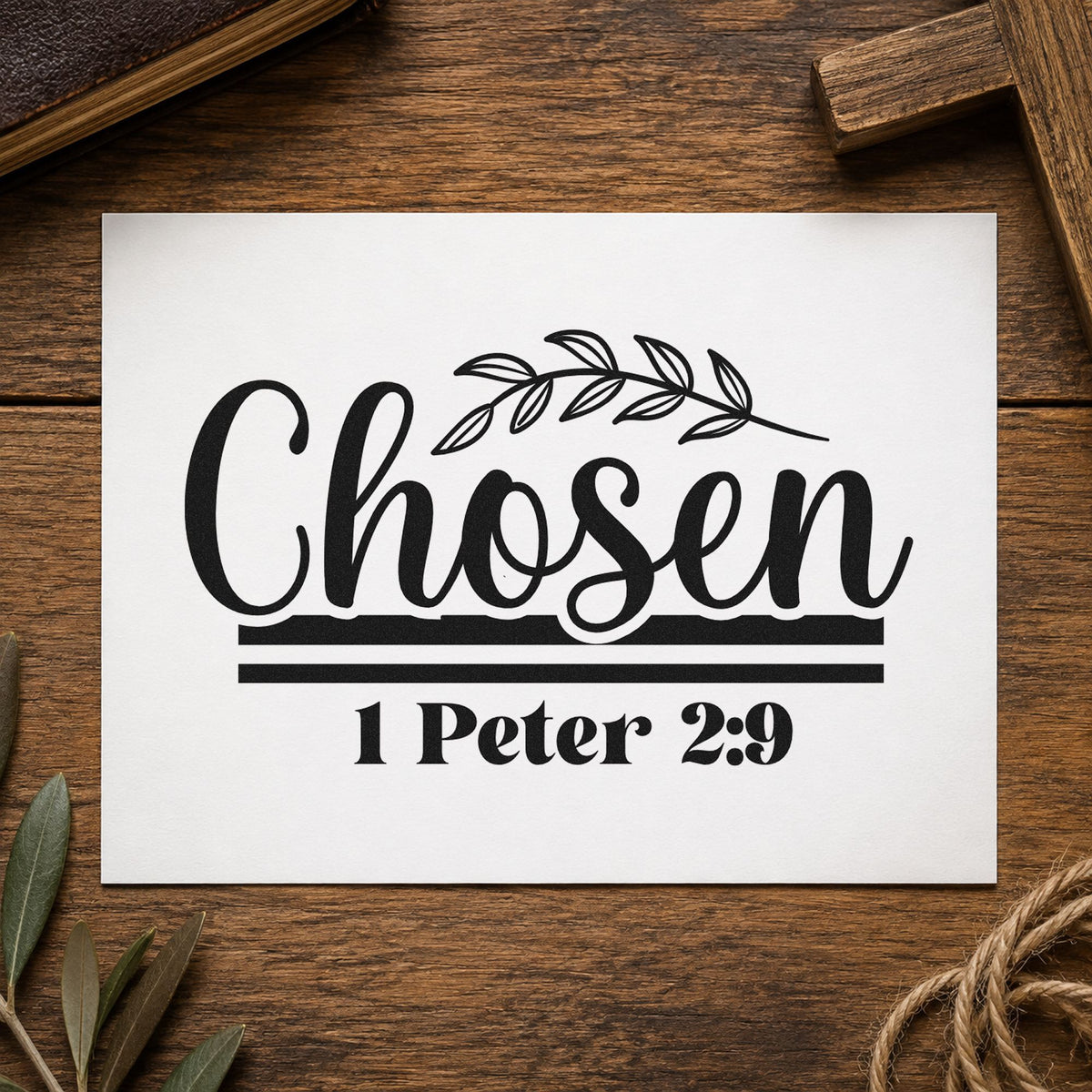 Chosen Leaf Script rubber stamp printed in black ink, ready for chosen script cards and similar paper crafts.
