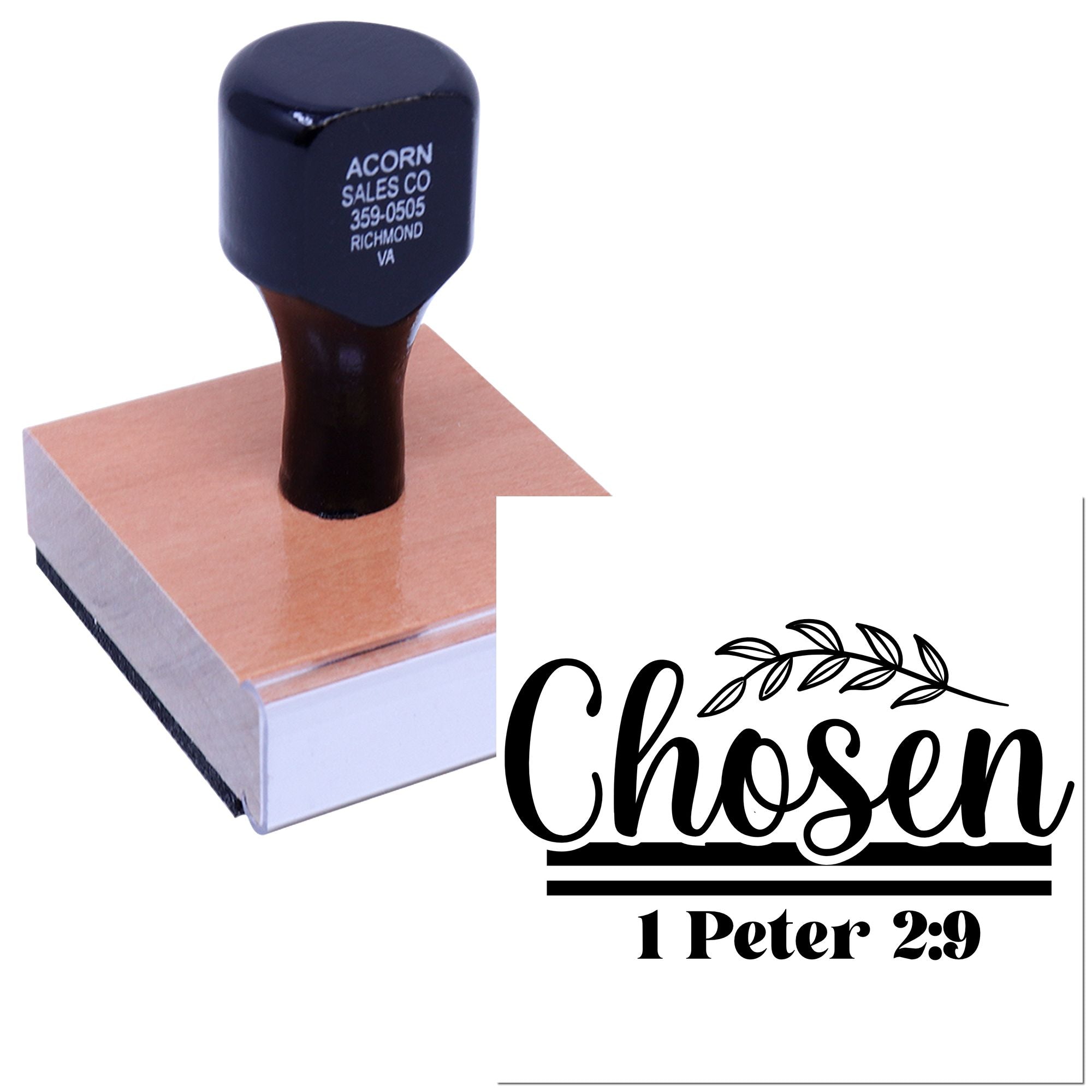 Custom Christian rubber stamp with Chosen 1 Peter 2:9 design, shown on a self-inking stamp block.
