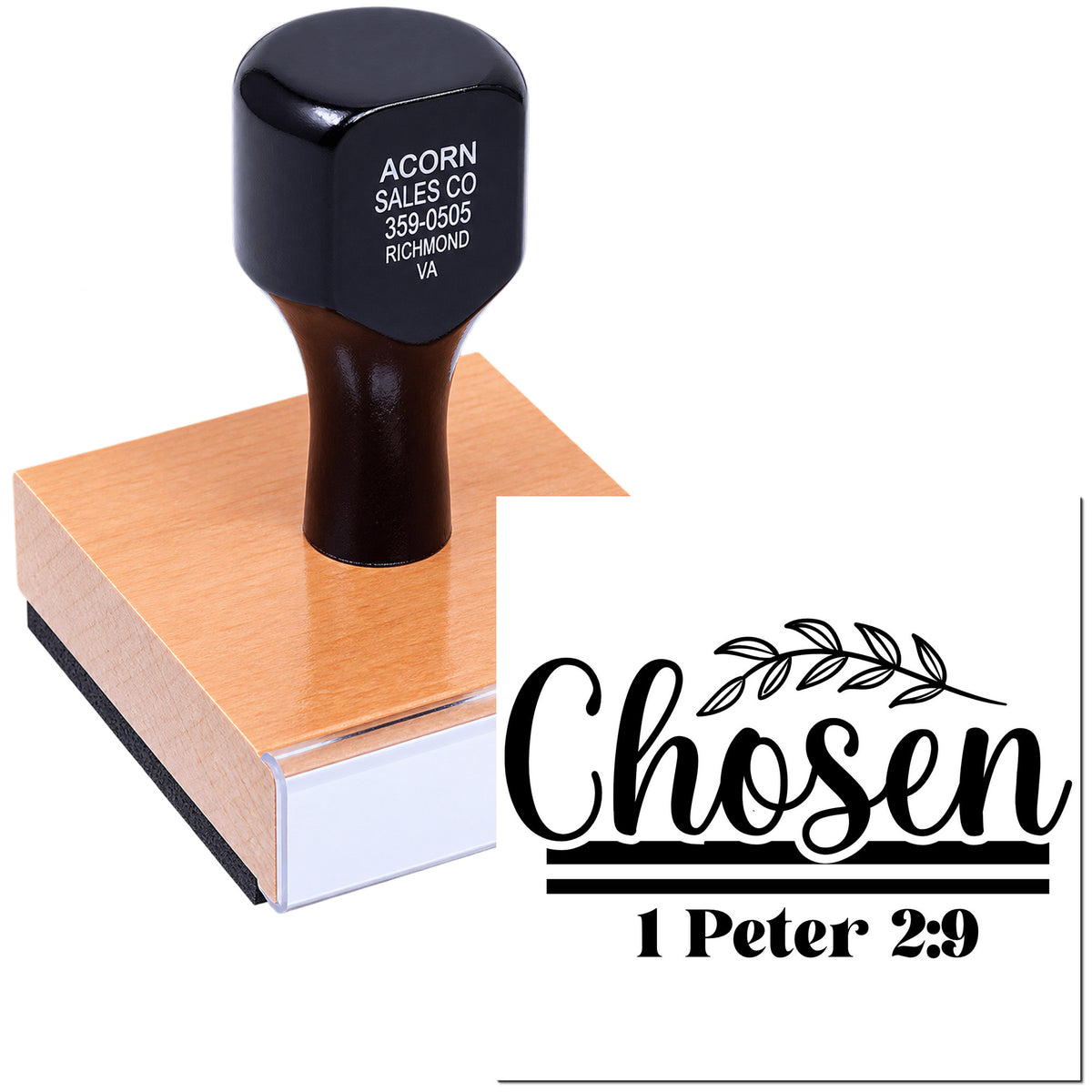 Custom Christian rubber stamp with Chosen 1 Peter 2:9 design, shown on a self-inking stamp block.