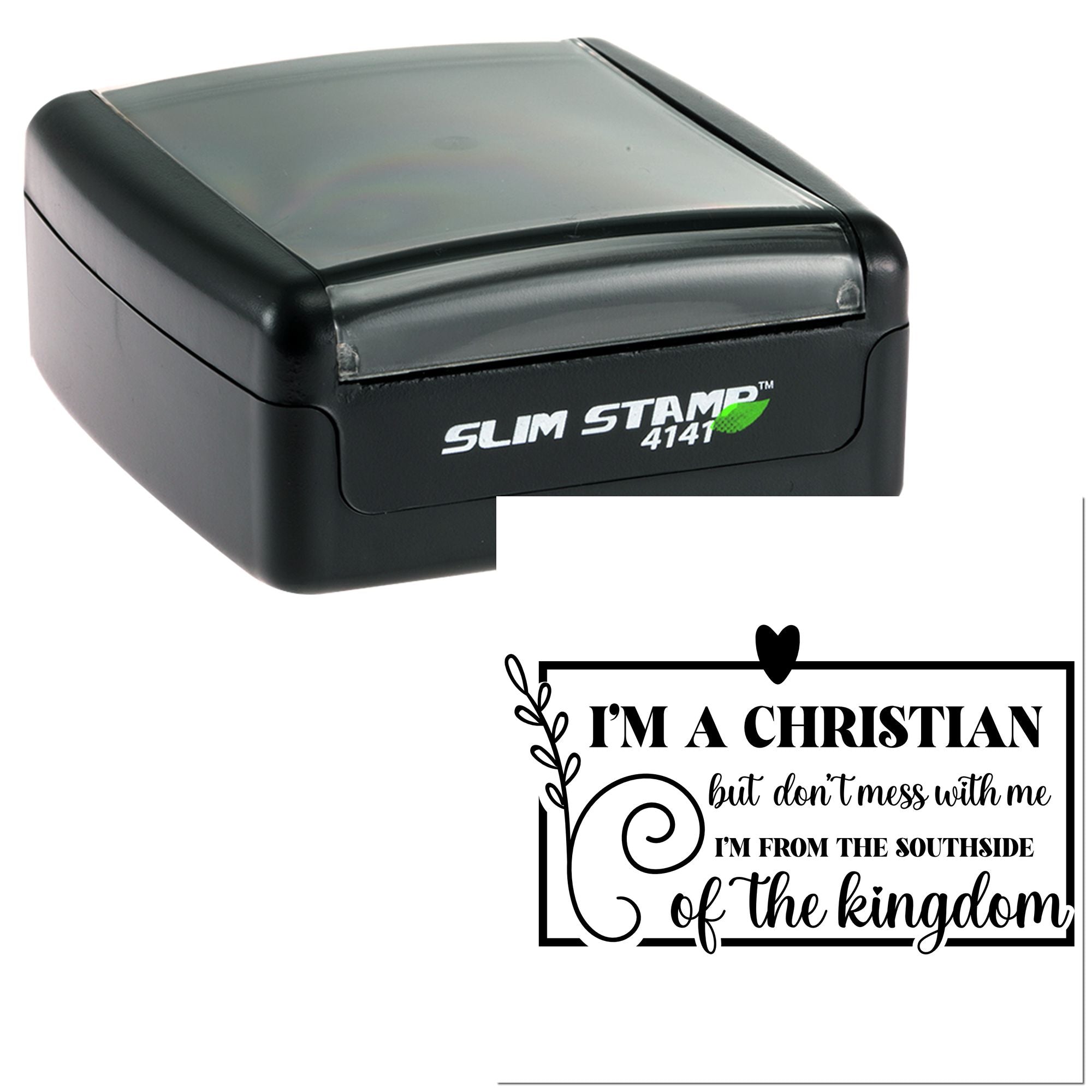 Slim Stamp 4141 self-inking rubber stamp showing a custom Christian quote imprint for personalized stamping.