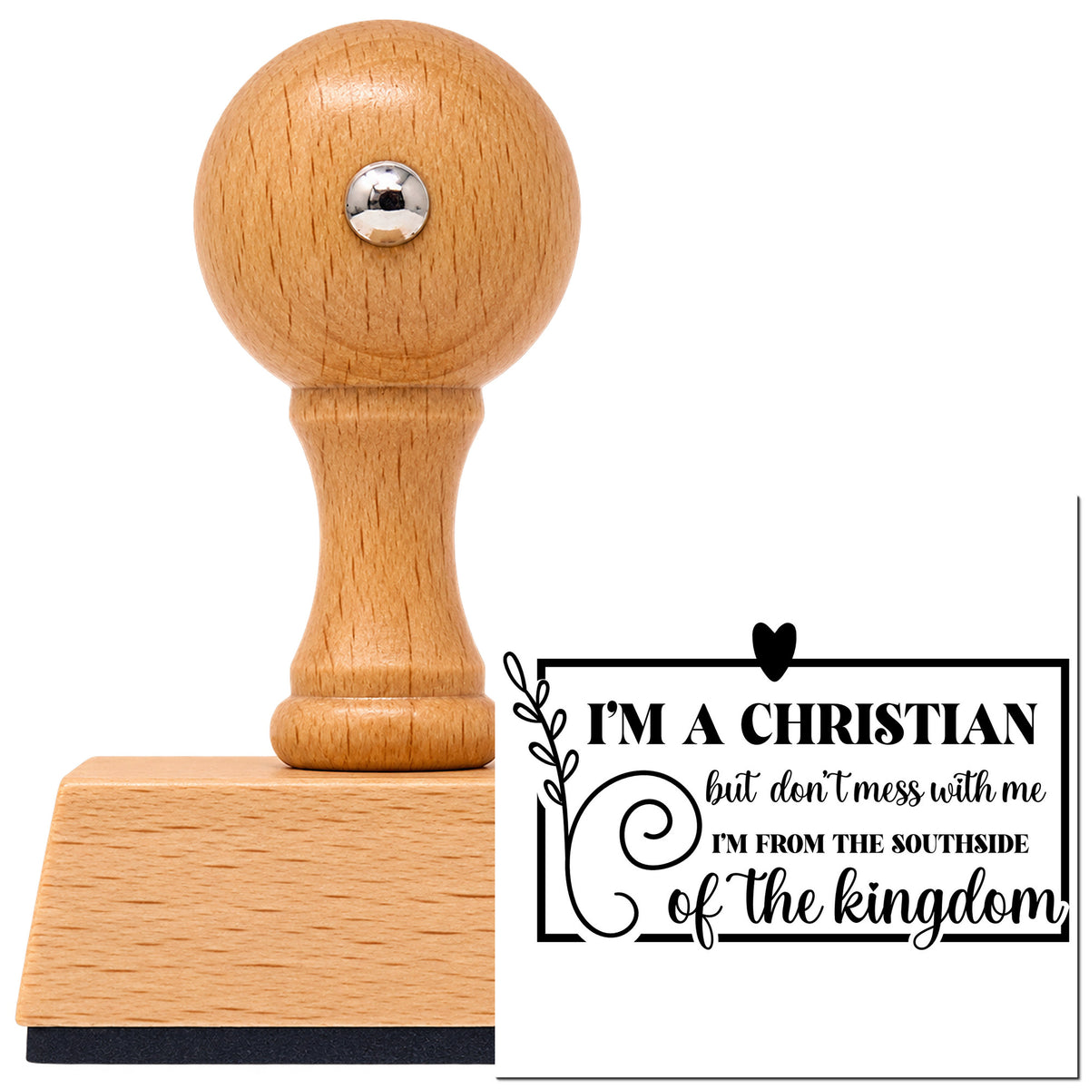 Christian Southside Leaf Frame Vintage Pro rubber stamp in European beech wood with a round knob handle, shown beside its black imprint.