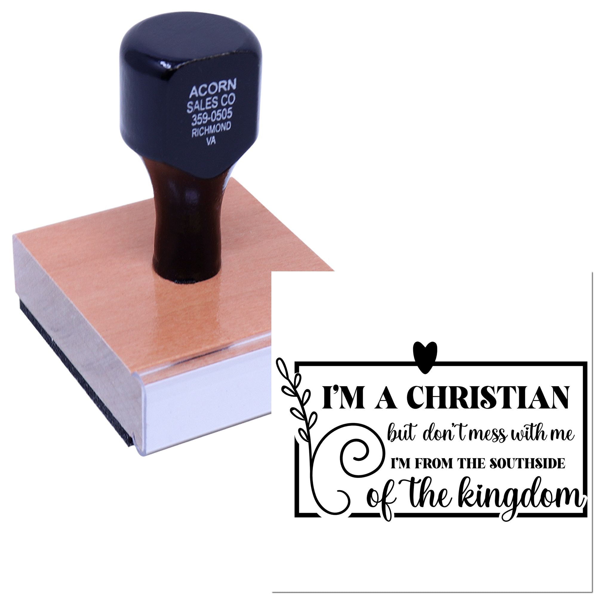 Custom Christian quote rubber stamp on wood handle, perfect for church crafts, journaling, and handmade stationery.