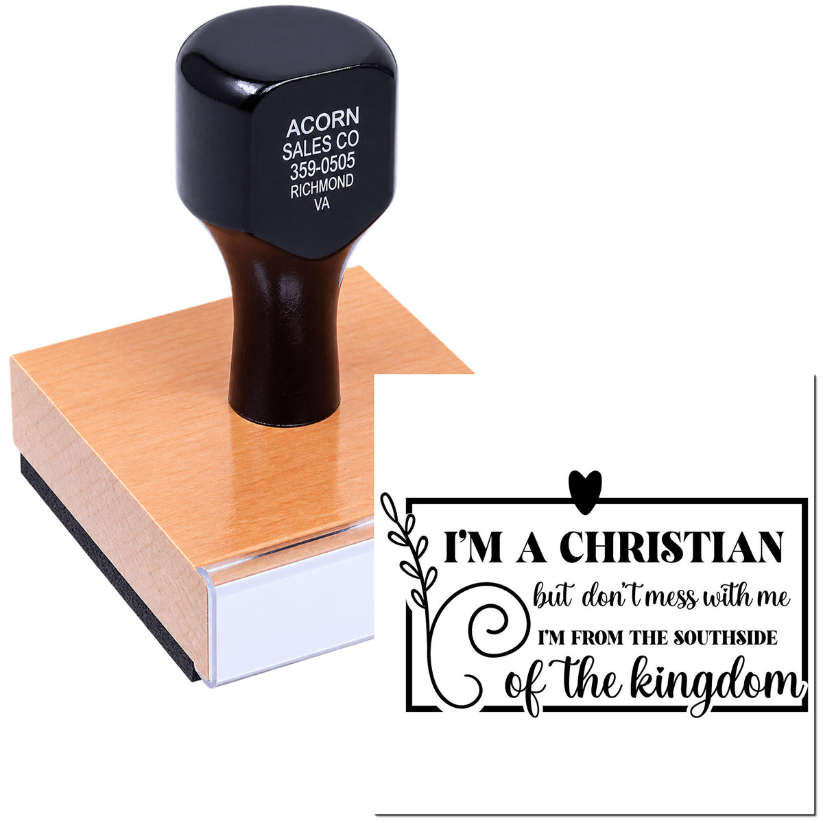 Custom Christian quote rubber stamp on wood handle, perfect for church crafts, journaling, and handmade stationery.