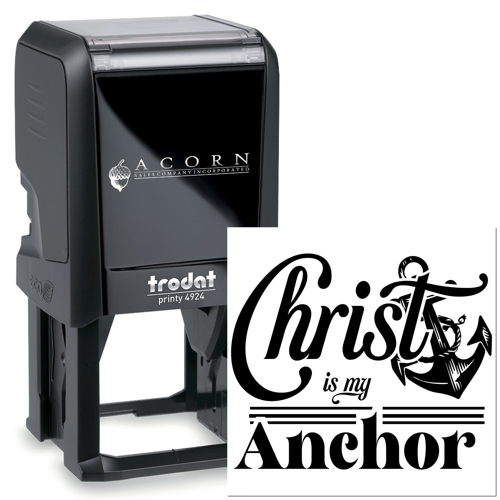 Custom self-inking rubber stamp with Christ is my Anchor design, ideal for personalized Christian stamping.