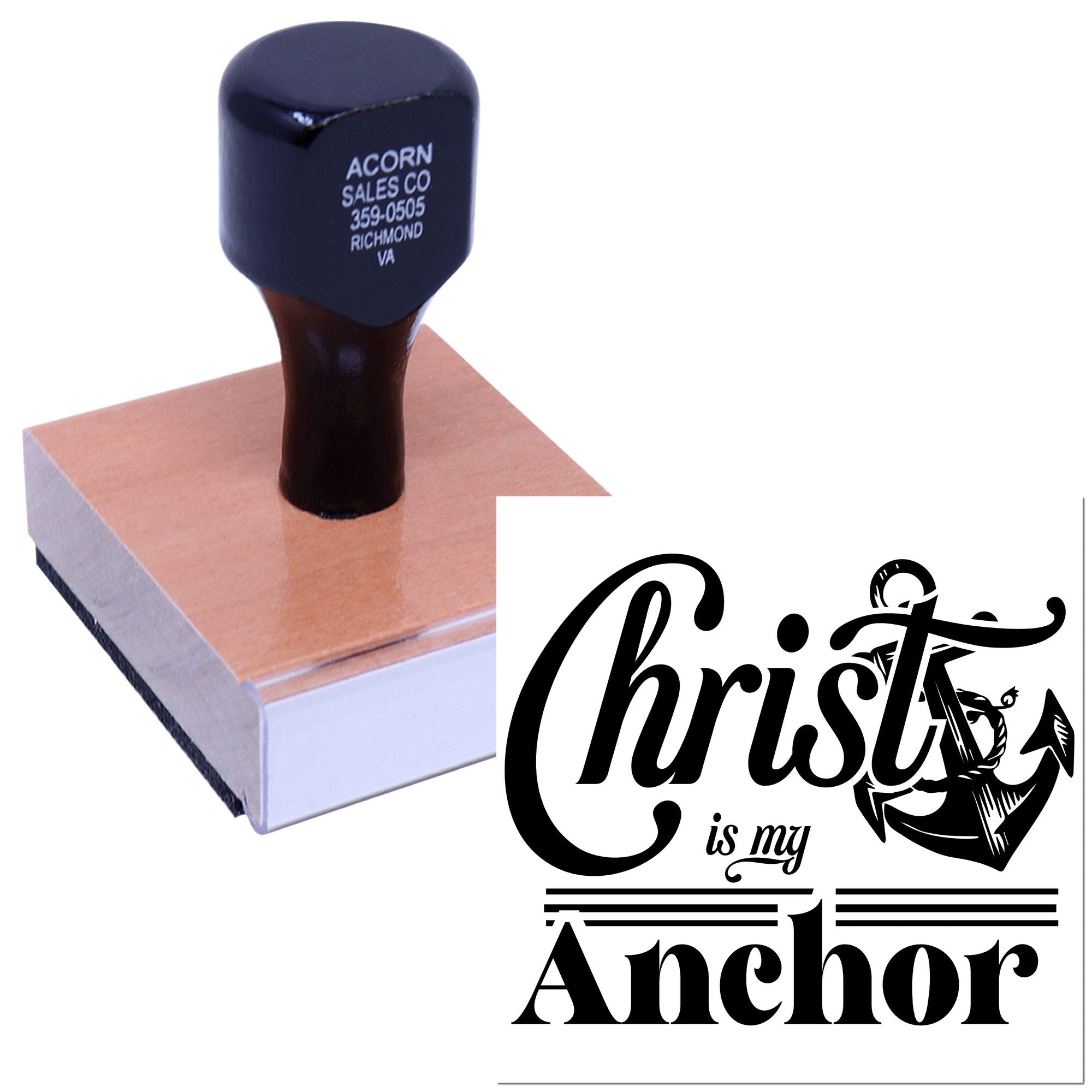 Wooden handle rubber stamp featuring Christ is my Anchor design for Christian crafts, cards, and packaging.