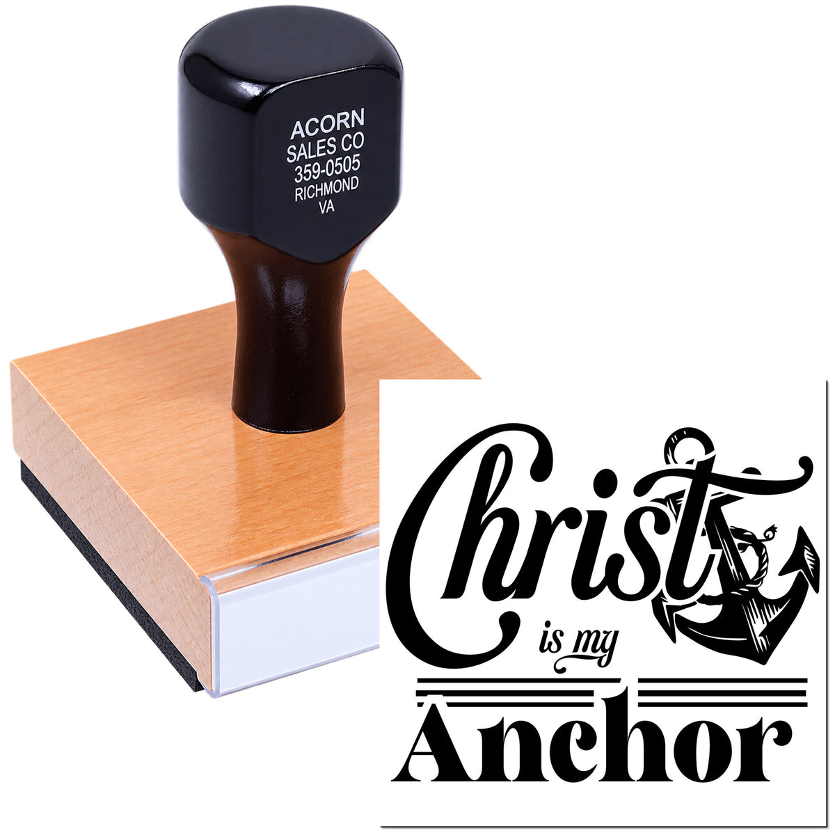 Wooden handle rubber stamp featuring Christ is my Anchor design for Christian crafts, cards, and packaging.