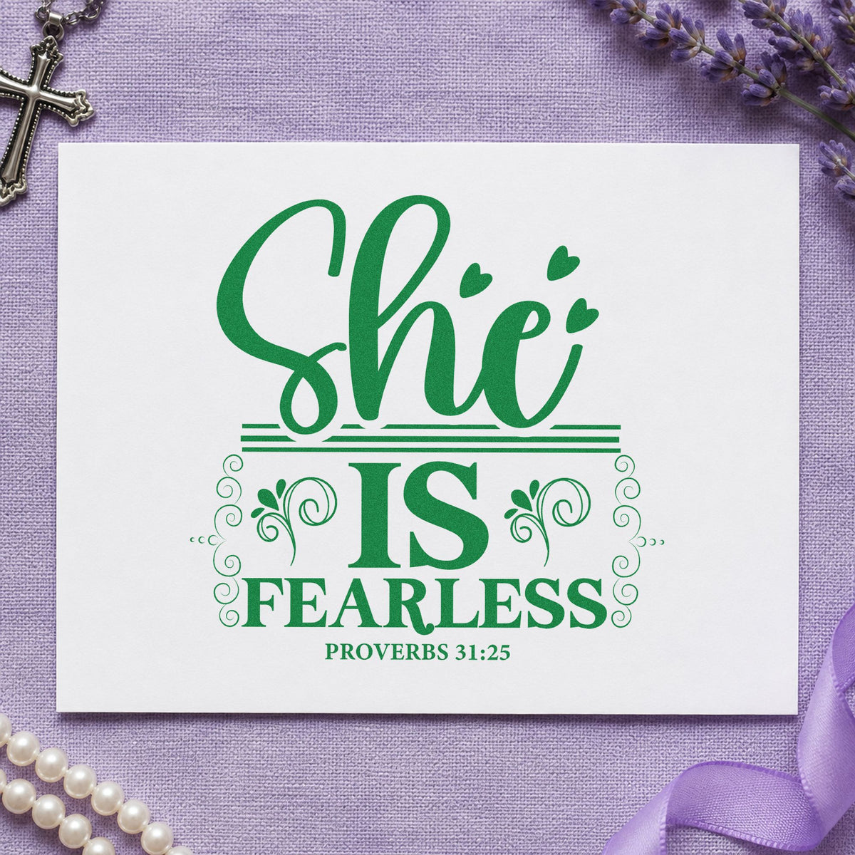 She Is Fearless craft stamp imprint in green ink on a handmade project, one idea being girls' sports tees.