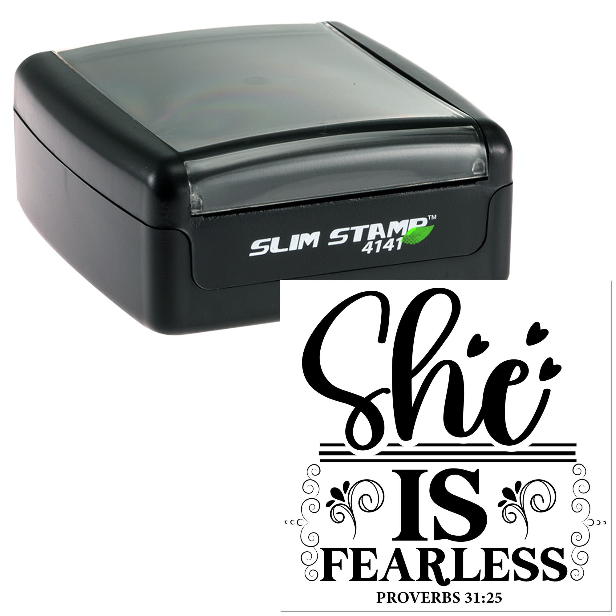 Custom self-inking rubber stamp with She Is Fearless Proverbs 31:25 design for faith-based crafting and stationery