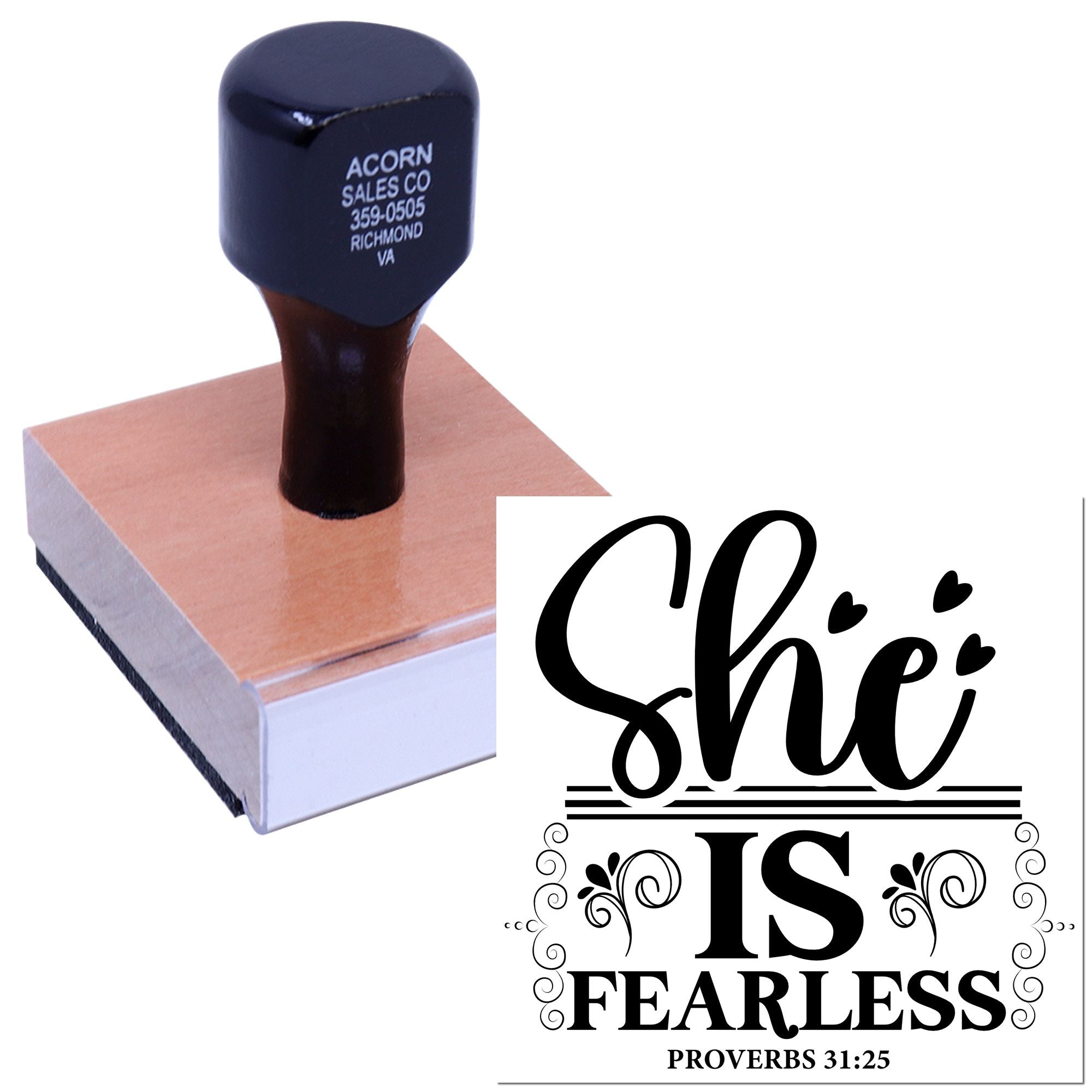 Custom rubber stamp with She Is Fearless Proverbs 31:25 inspirational Bible verse design for crafts and gifts
