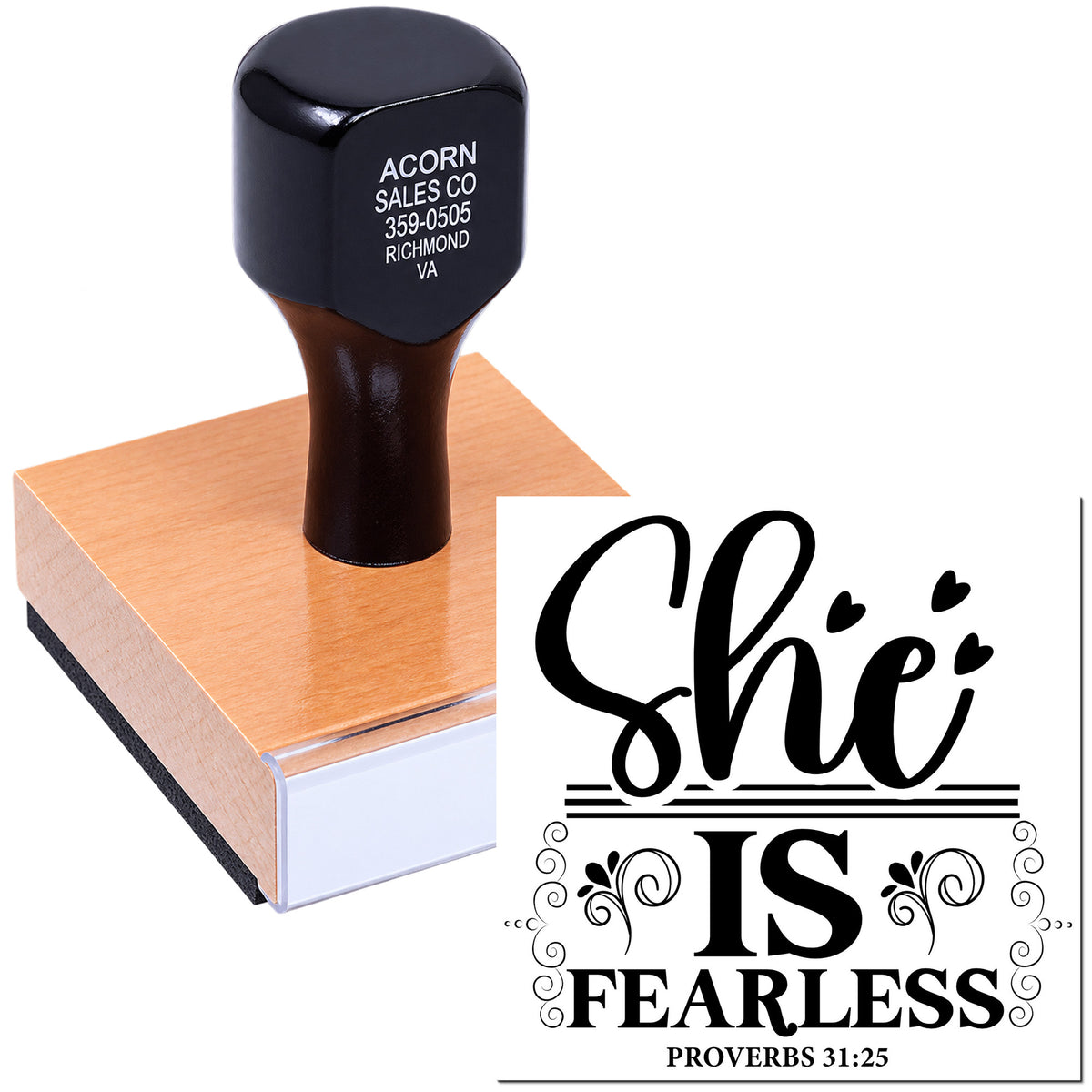 Custom rubber stamp with She Is Fearless Proverbs 31:25 inspirational Bible verse design for crafts and gifts