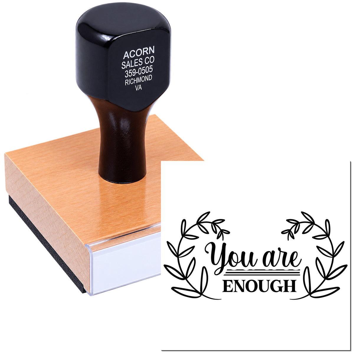 Custom rubber stamp with You Are Enough leaf wreath design for handmade cards, journaling and packaging.