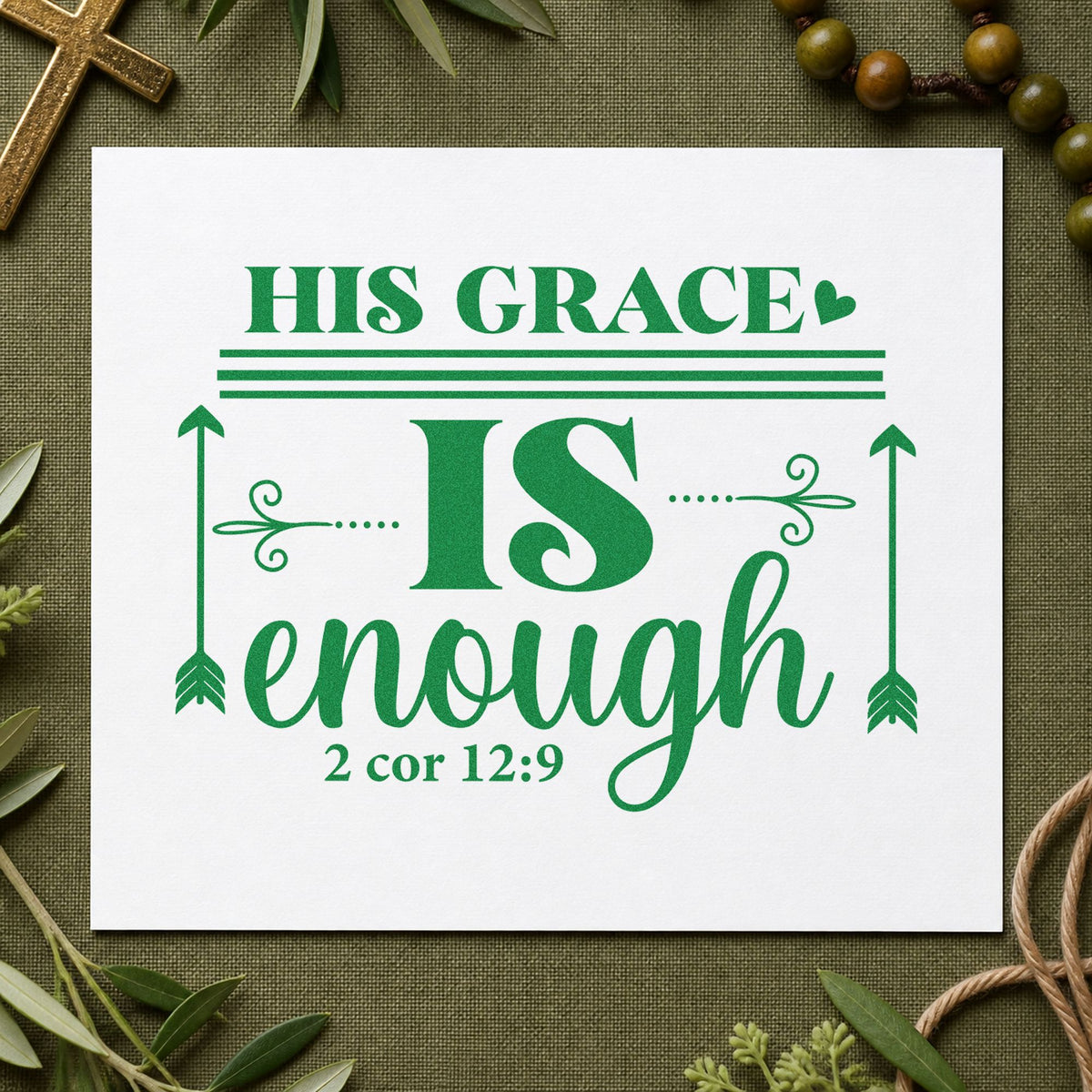 His Grace Is Enough Arrows craft stamp imprint in green ink on a handmade project, one idea being caregiver gift tags.