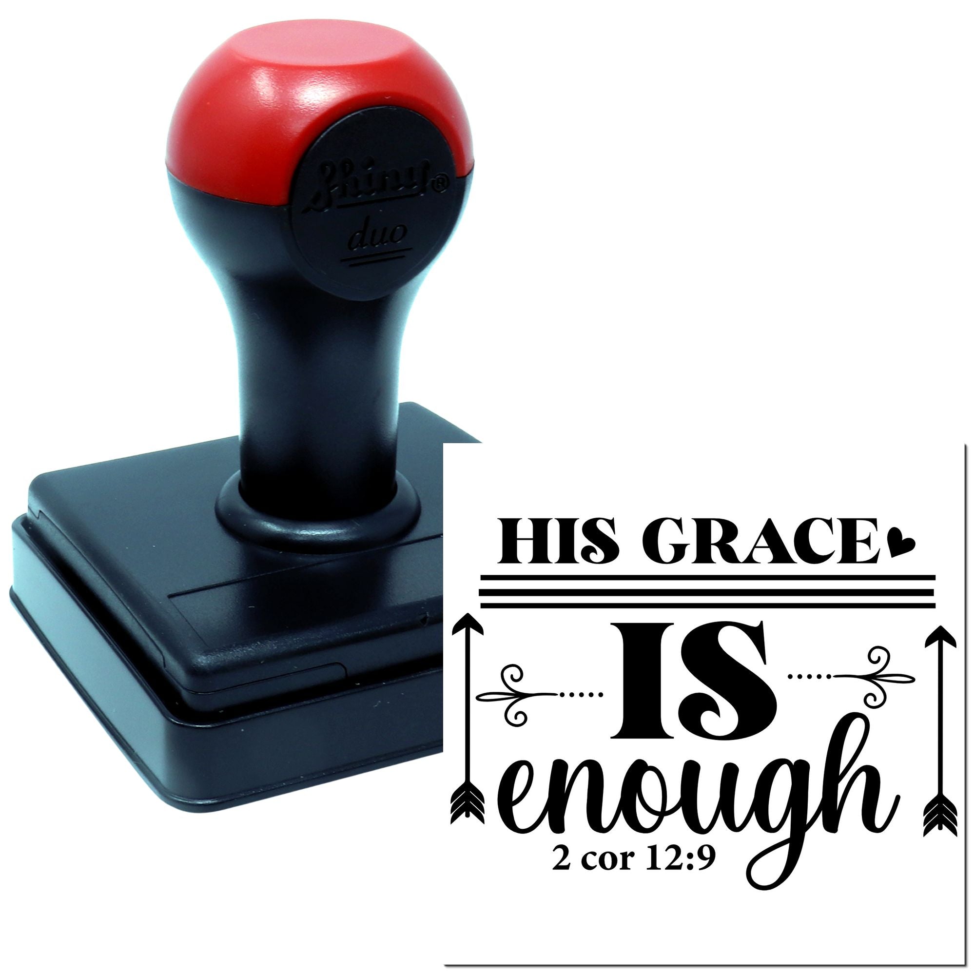 Custom self-inking rubber stamp with Christian verse, His Grace Is Enough and 2 Corinthians 12:9.