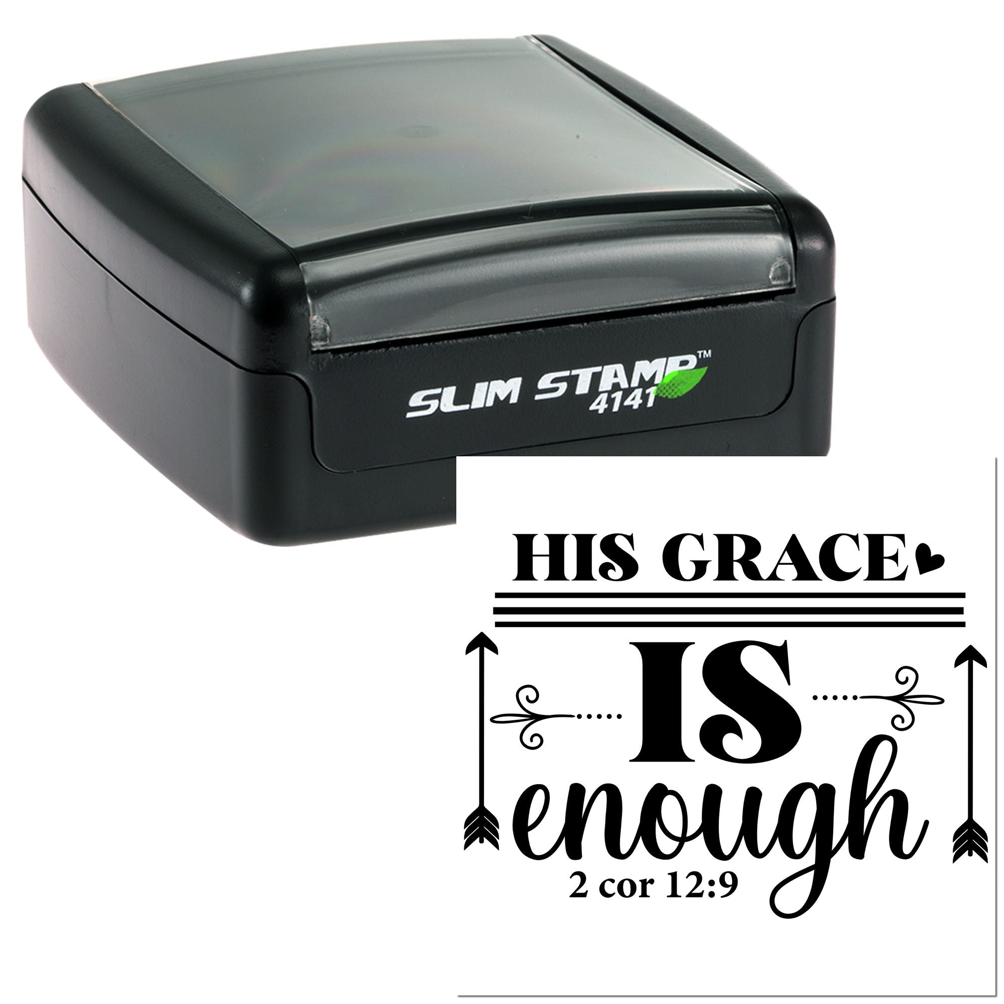 Custom slim self-inking rubber stamp showing His Grace Is Enough Bible verse design, 2 Corinthians 12:9.