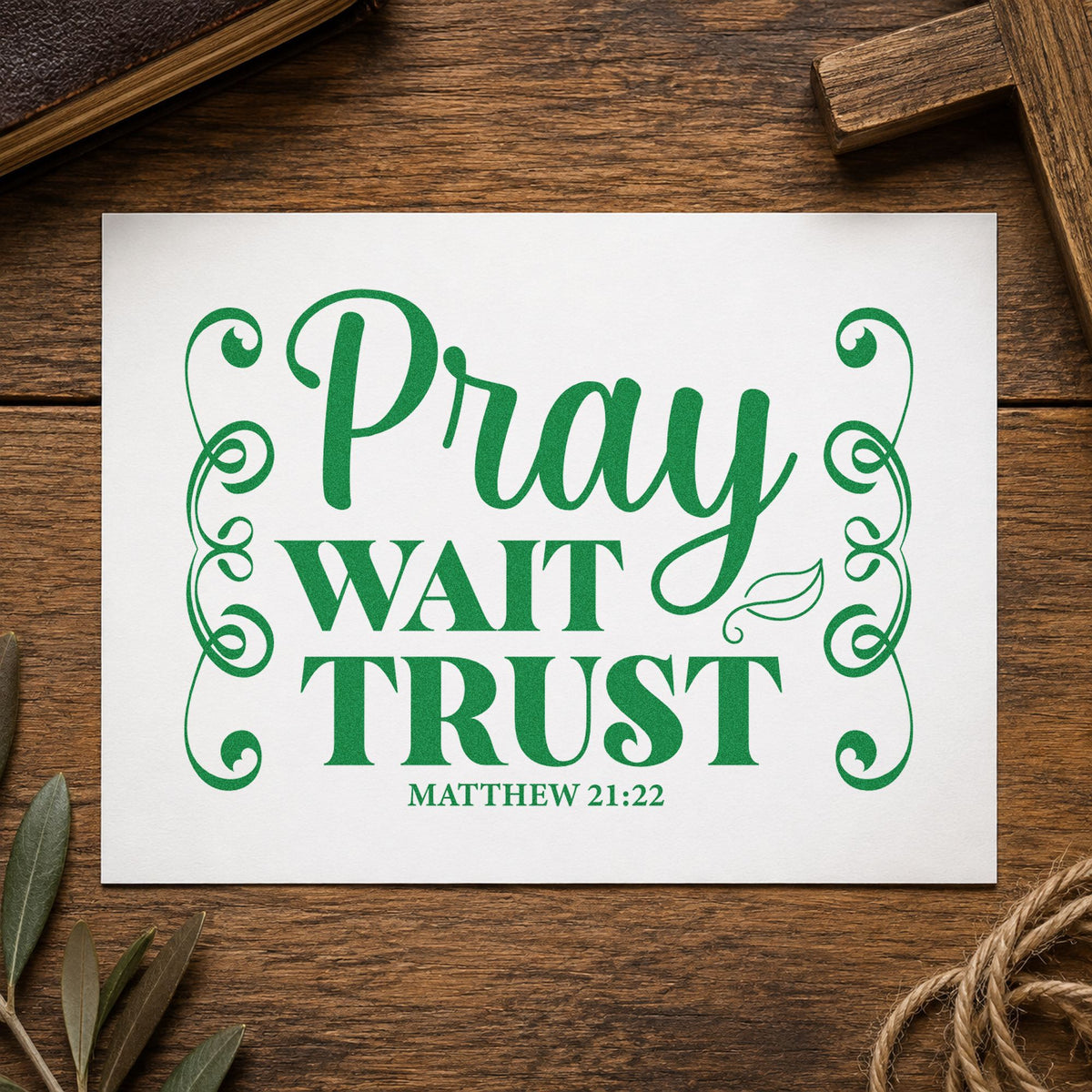 Pray Wait Trust Scrolls craft stamp imprint in green ink on a handmade project, one idea being medical results notes.
