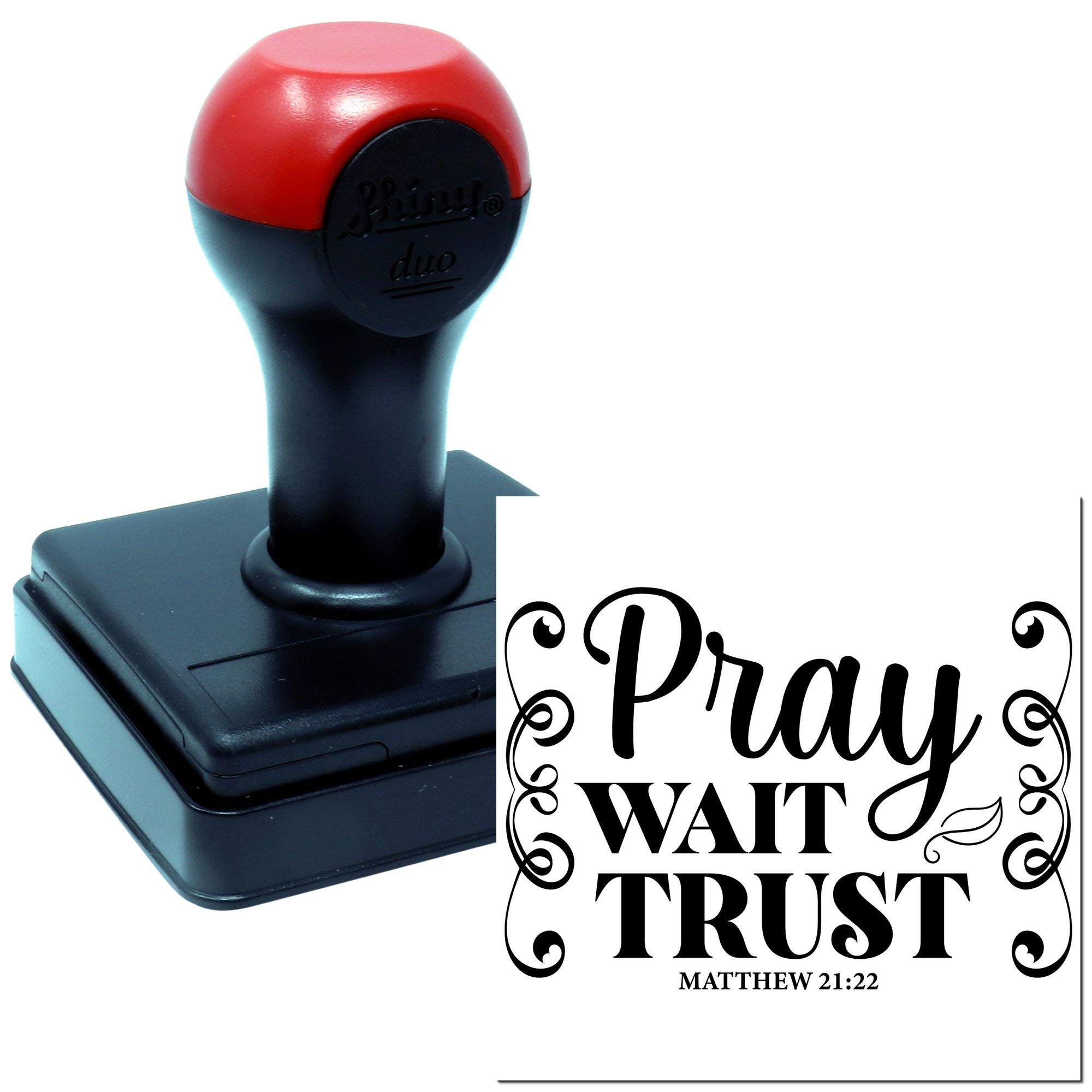 Custom self-inking rubber stamp with Pray, Wait, Trust Bible verse design, Matthew 21:22, for faith-based projects.