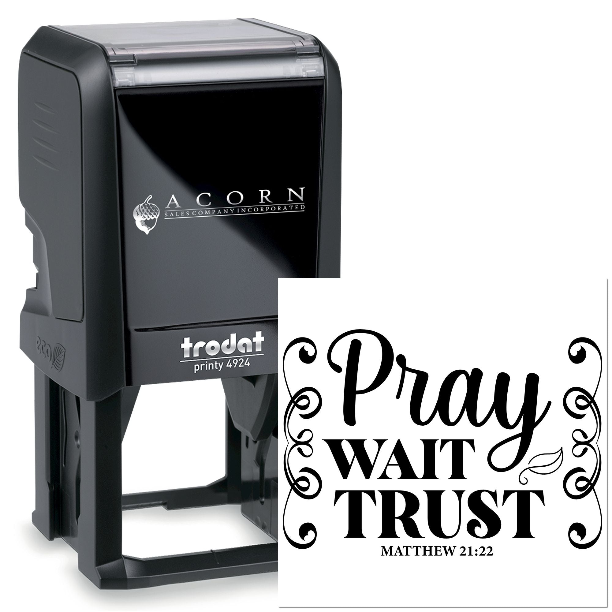 Custom self-inking rubber stamp with Pray, Wait, Trust Bible verse design, Trodat Printy 4924.