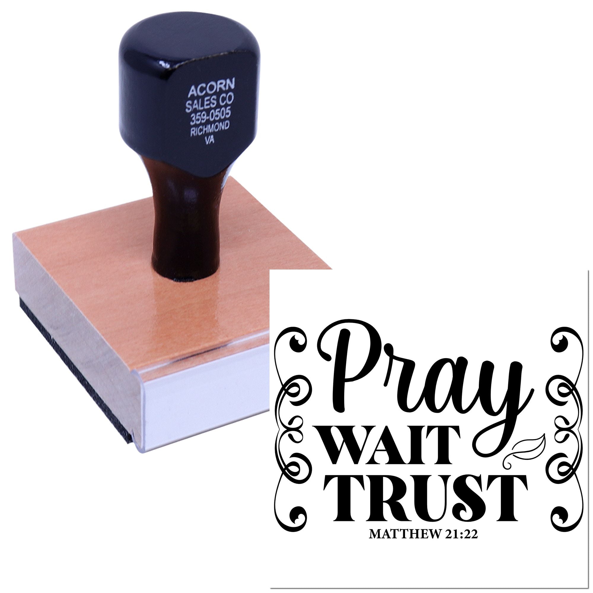Custom Christian rubber stamp with Pray, Wait, Trust and Matthew 21:22 scripture design for inspirational crafting.