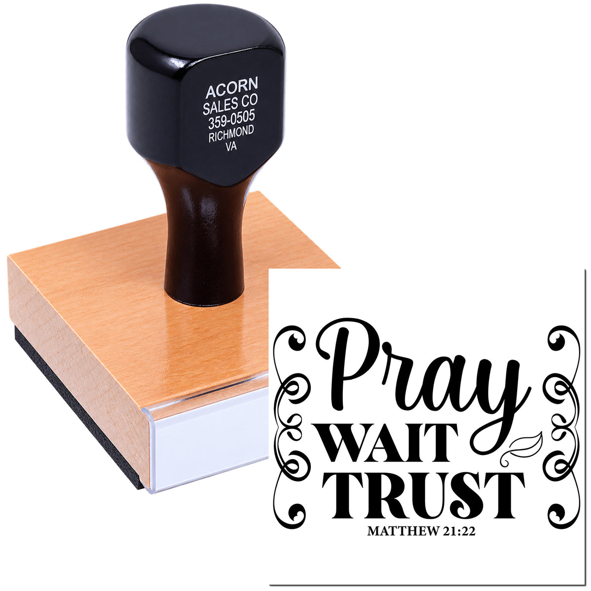 Custom Christian rubber stamp with Pray, Wait, Trust and Matthew 21:22 scripture design for inspirational crafting.