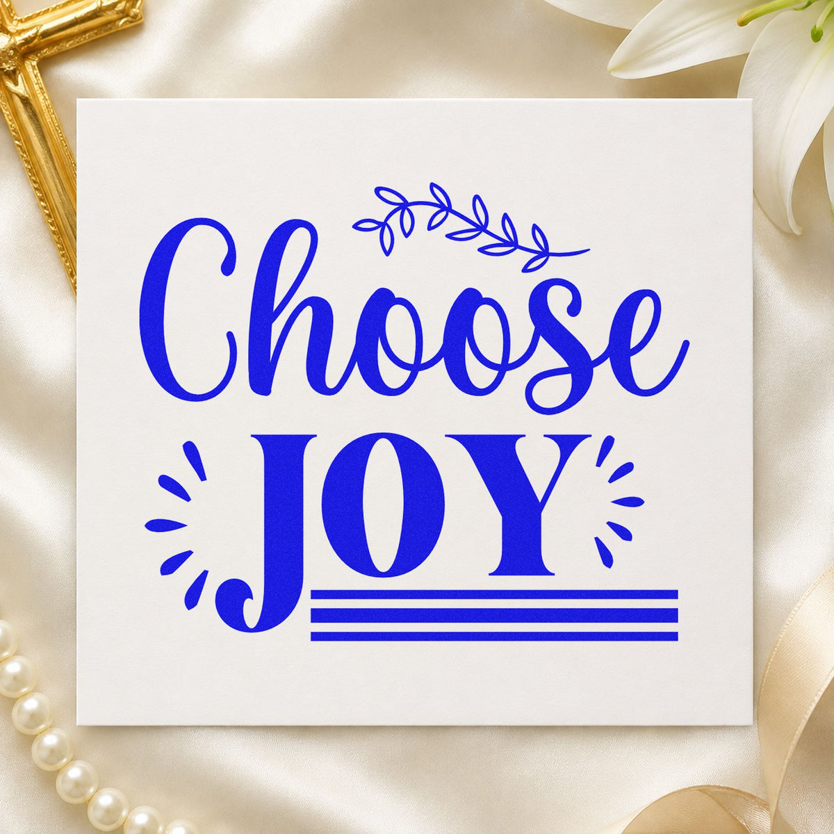 Choose Joy craft stamp in blue ink on cardstock, an easy option for canvas totes.