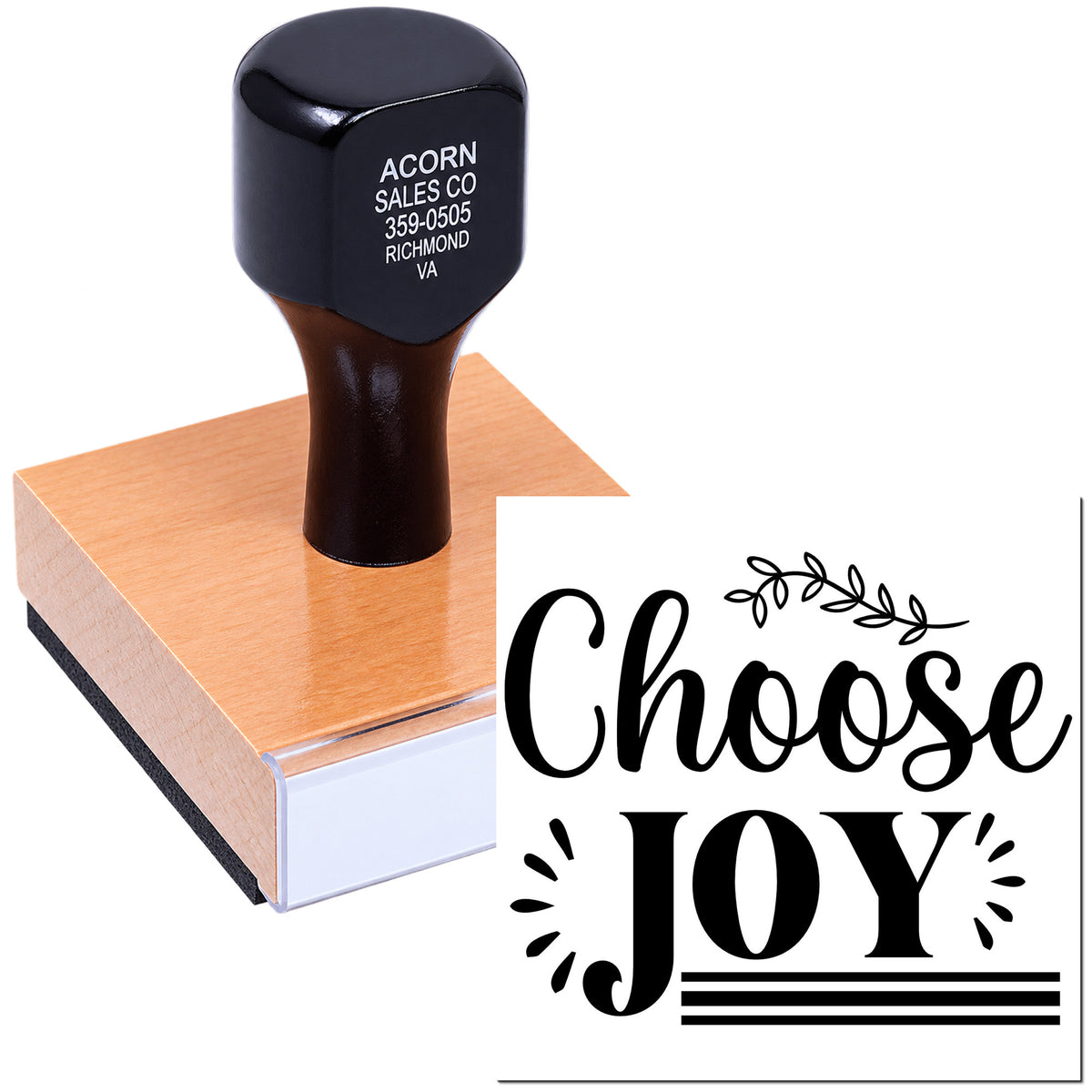Custom rubber stamp with Choose Joy design for crafts, scrapbooking, and handmade stationery.