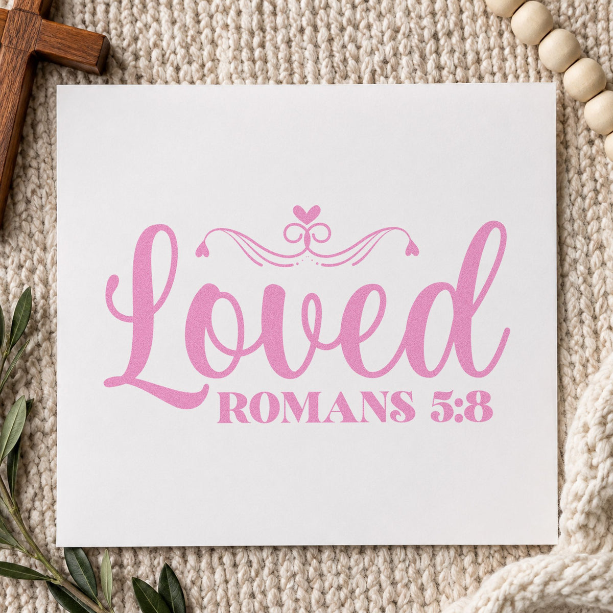 Loved Romans Five Eight craft stamp in purple ink on cardstock, an easy option for valentine exchange.