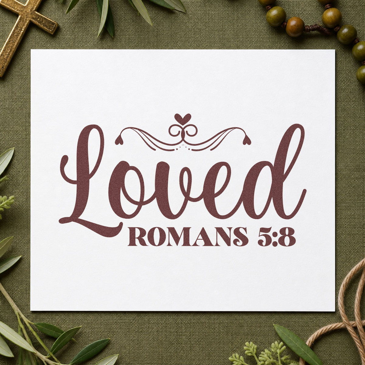 Loved Romans Five Eight rubber stamp printed in brown ink, ready for family pages and similar paper crafts.