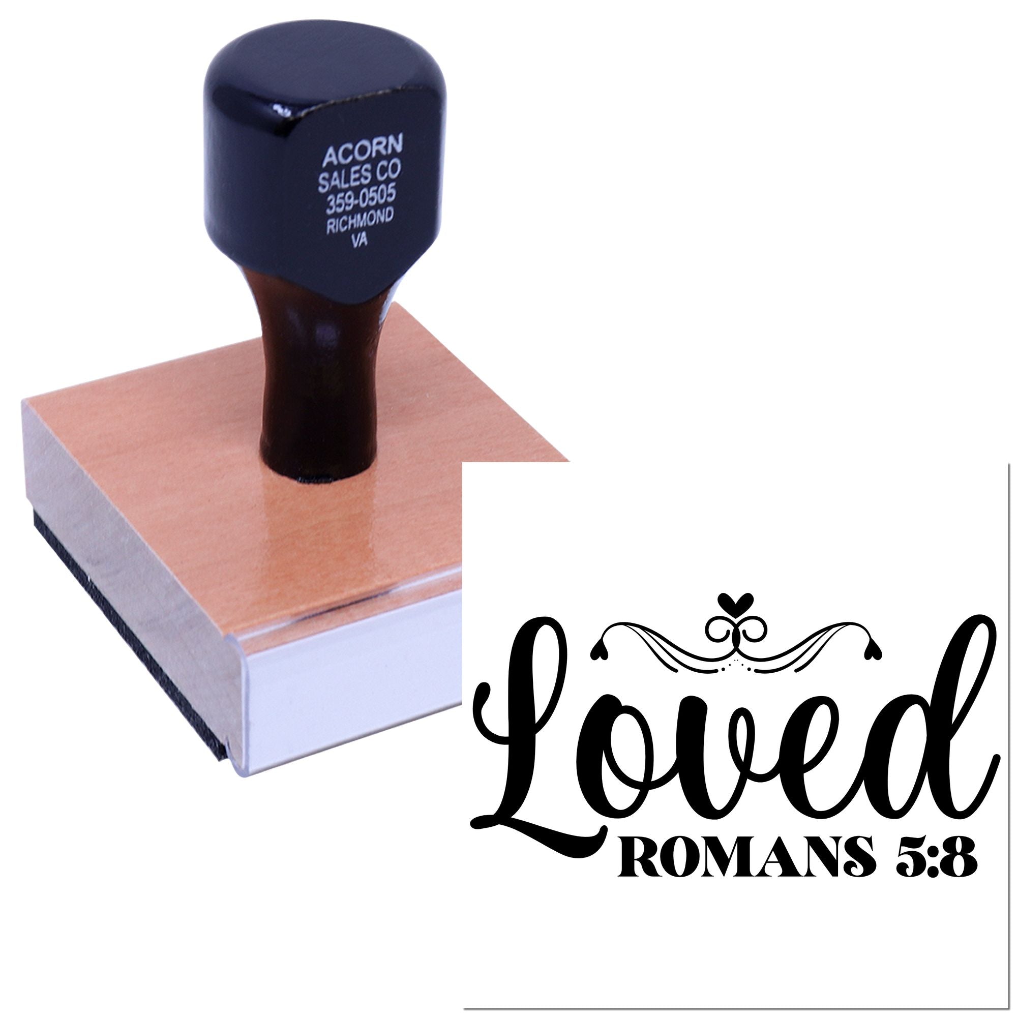 Custom rubber stamp with Loved Romans 5:8 design, ideal for faith-based crafts, Bible journaling, and church projects.