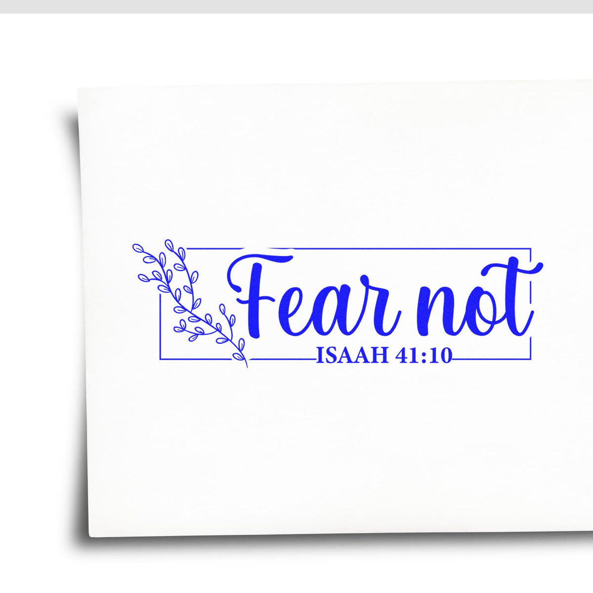 Fear Not Floral Frame rubber stamp shown in blue ink, stamped for projects such as oncology care tags.