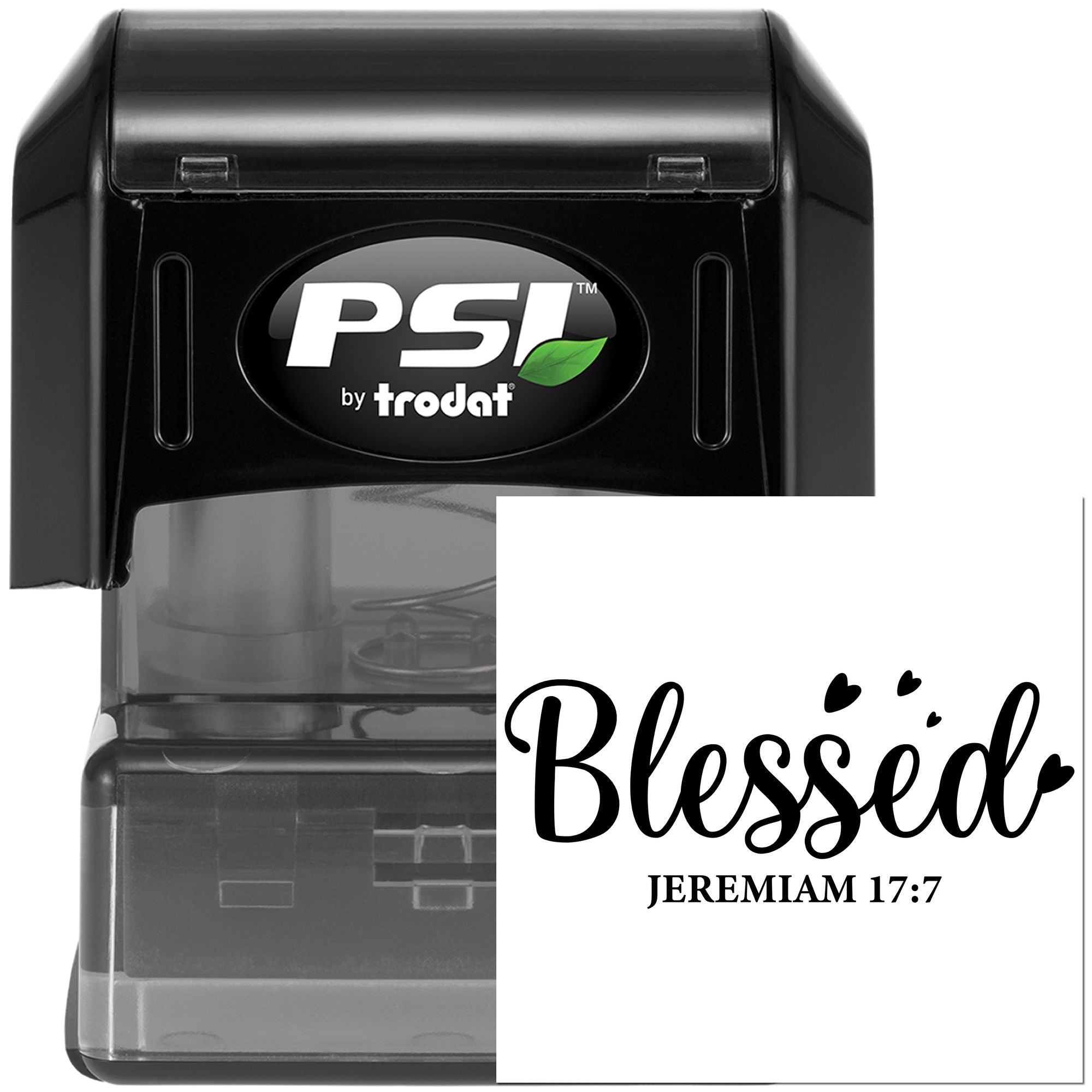 PSI by Trodat self-inking rubber stamp with Blessed Jeremiah 17:7 Christian scripture design.