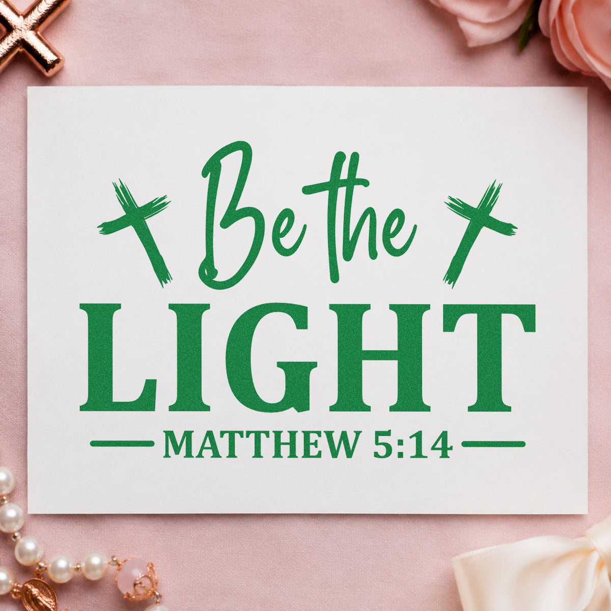 Be the Light Crosses craft stamp imprint in green ink on a handmade project, one idea being framed nursery art.