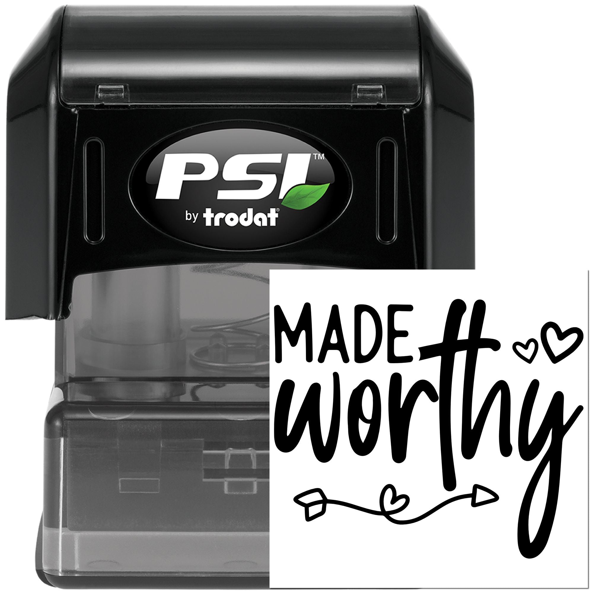 Self-inking custom rubber stamp with Made Worthy script and heart accents by PSI by Trodat.