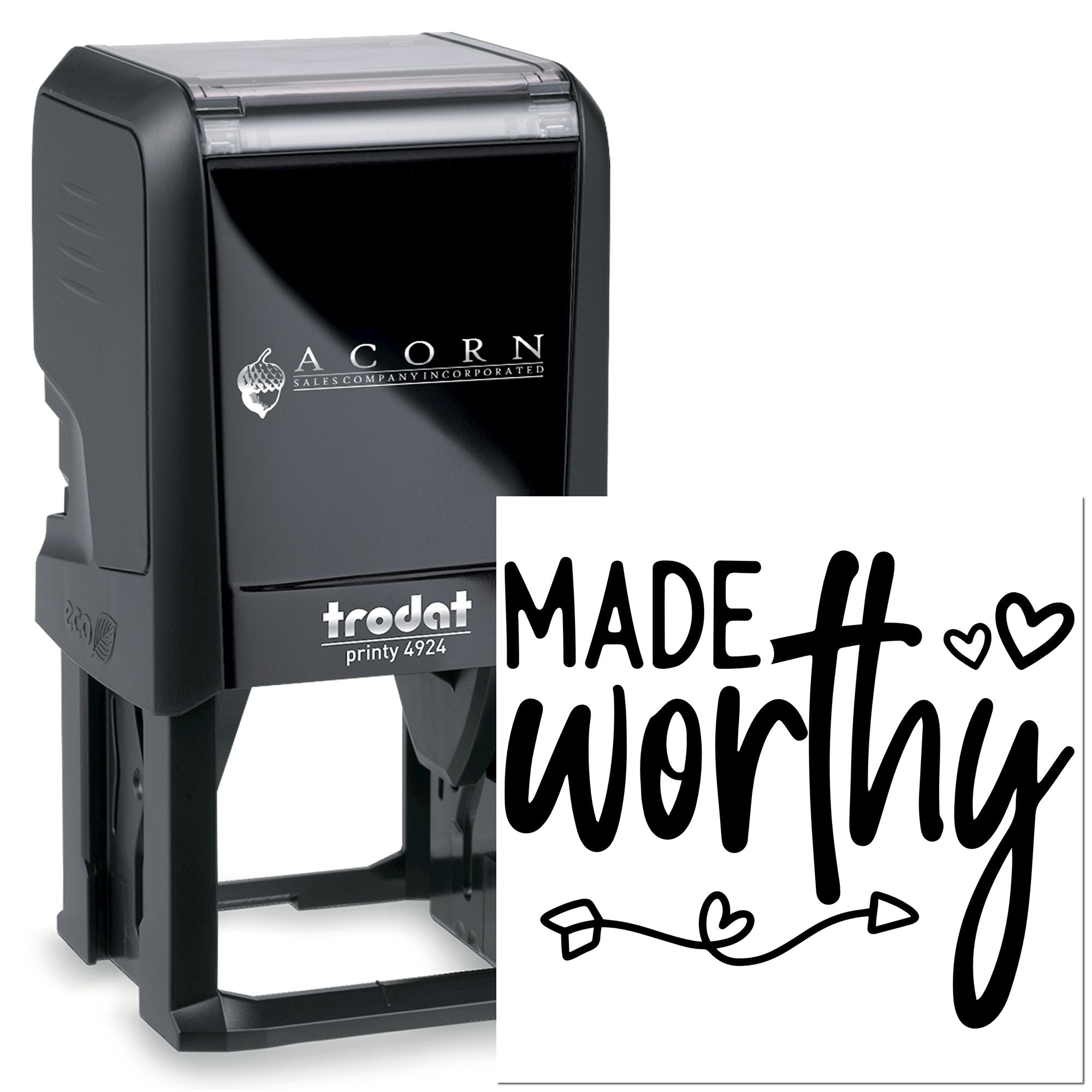 Custom self-inking rubber stamp with Made # Worthy design for personalized branding and crafts.