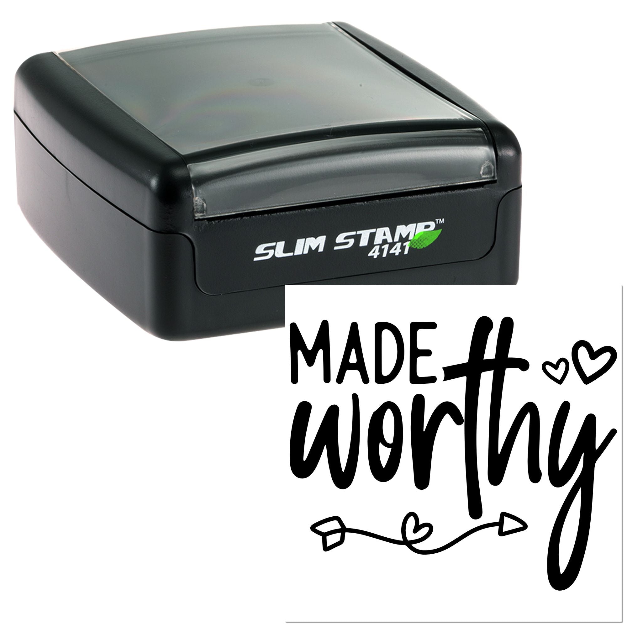 Custom self-inking rubber stamp with Made #worthy design and hearts for handmade product branding.