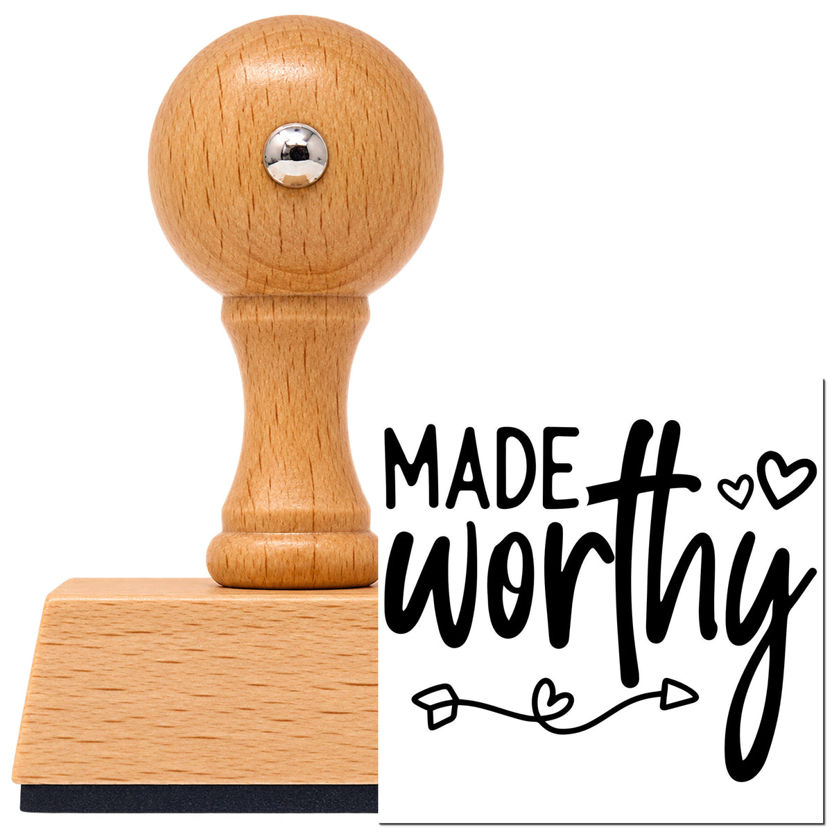 Made Worthy Vintage Pro rubber stamp in European beech wood with a round knob handle, shown beside its black imprint.