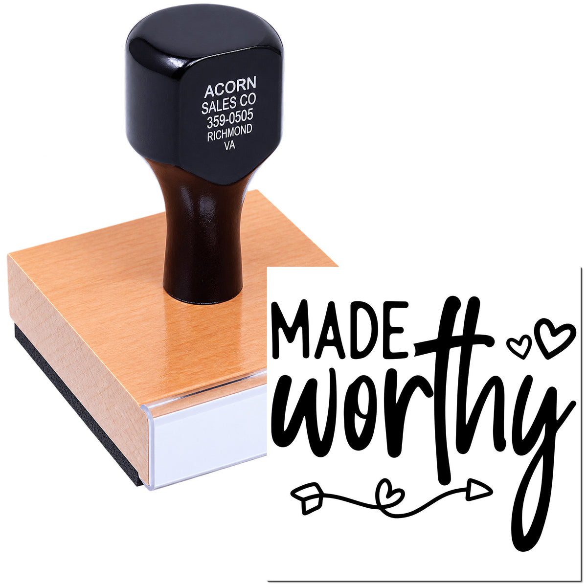 Custom rubber stamp with Made with Love design for handmade packaging, crafting, and small business branding.