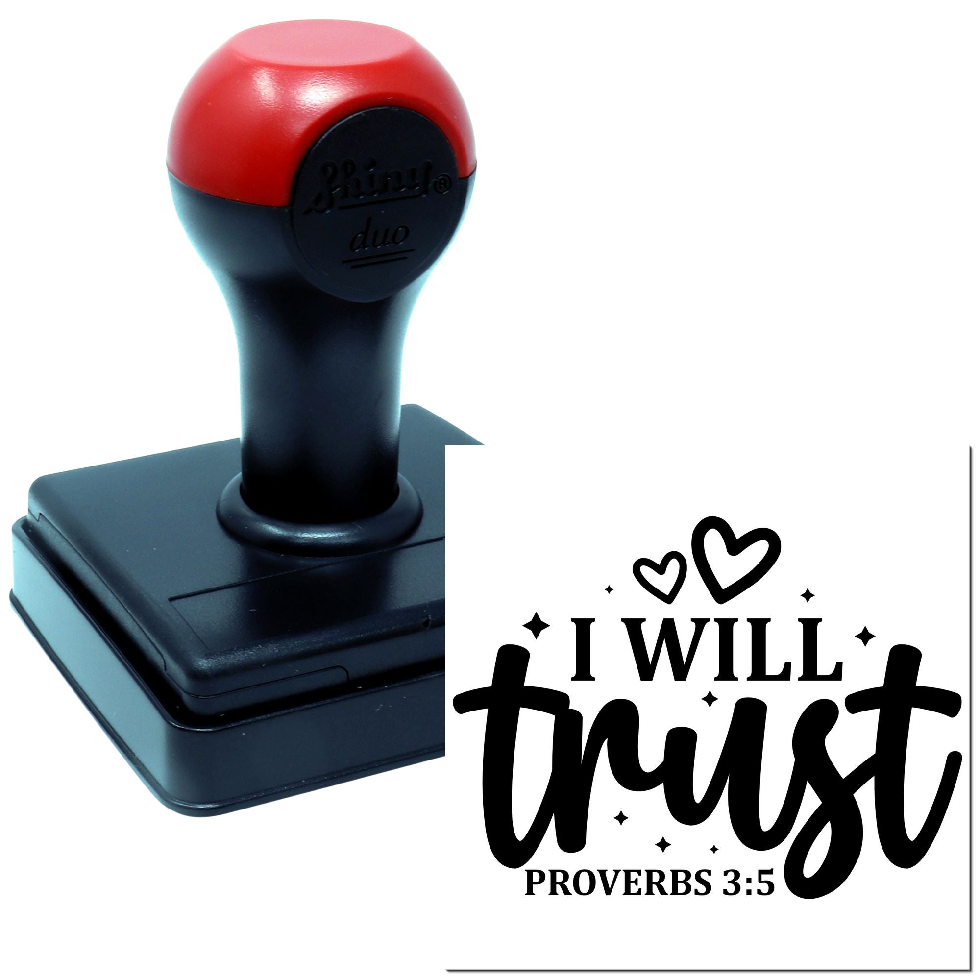 Self-inking rubber stamp with I will trust Proverbs 3:5 design for Bible journaling, Christian crafts, and faith projects.