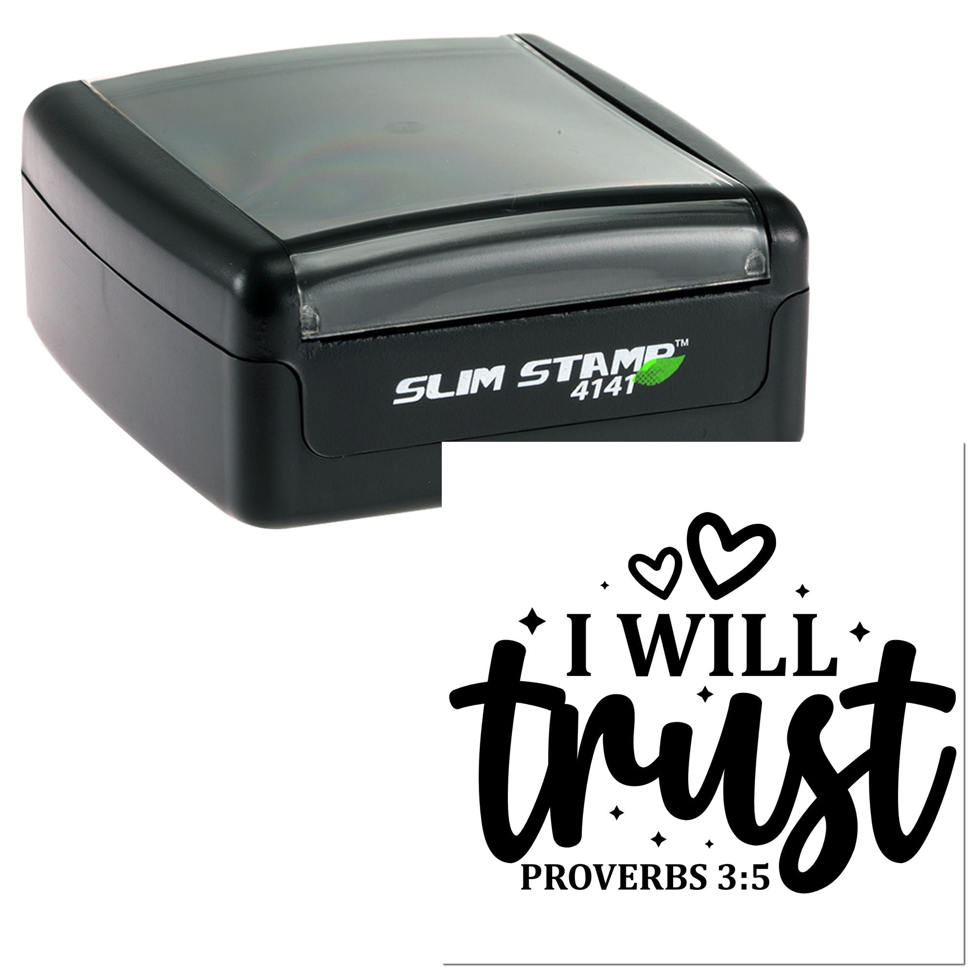 Slim Stamp 4141 rubber stamp with I will trust Proverbs 3:5 design and hearts for faith-based journaling.