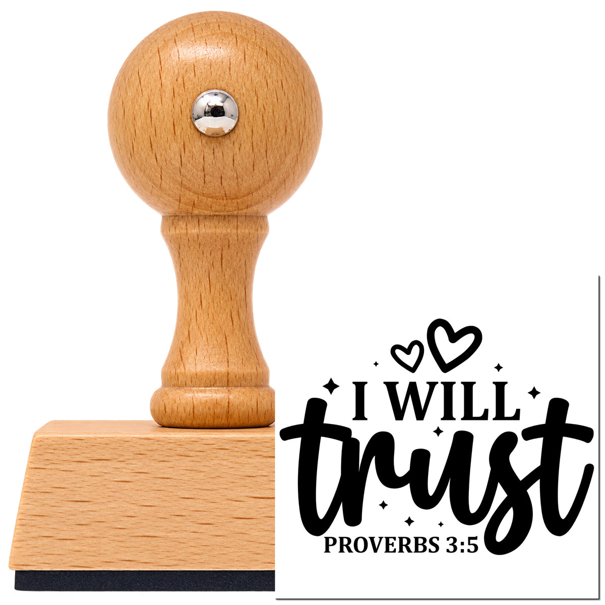 I Will Trust Vintage Pro rubber stamp in European beech wood with a round knob handle, shown beside its black imprint.